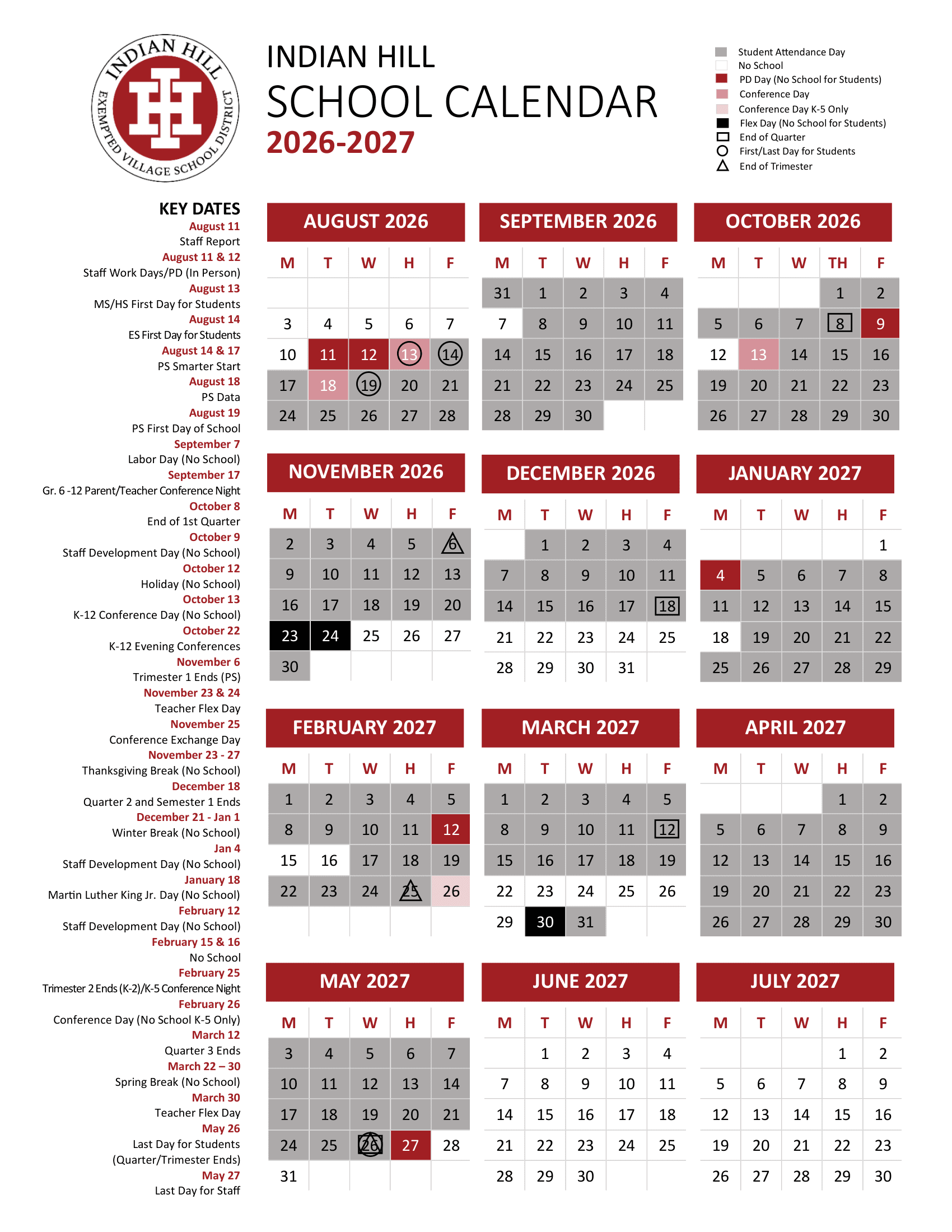 INDIAN HILL SCHOOL DISTRICT Calendar 26-27 pdf