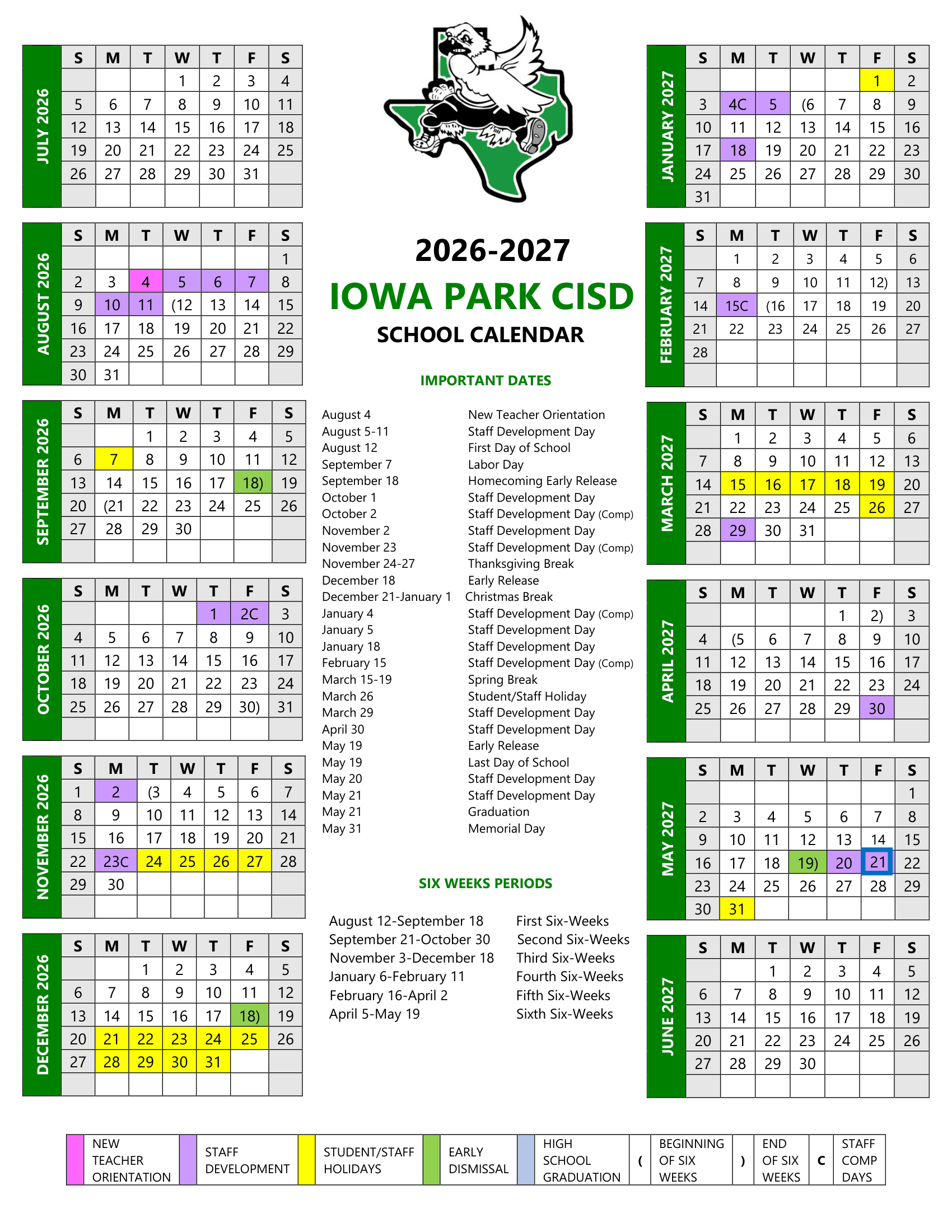 IOWA PARK CISD Calendar 26-27 pdf