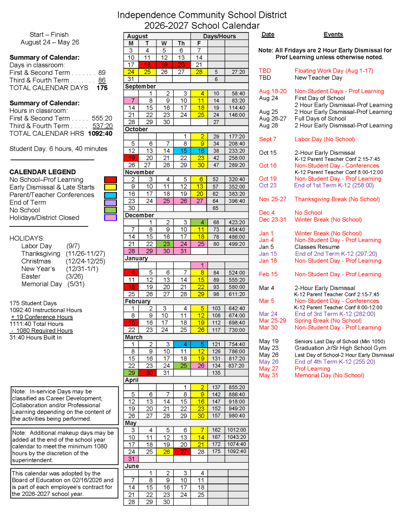 Independence Community School District Calendar 26-27 pdf