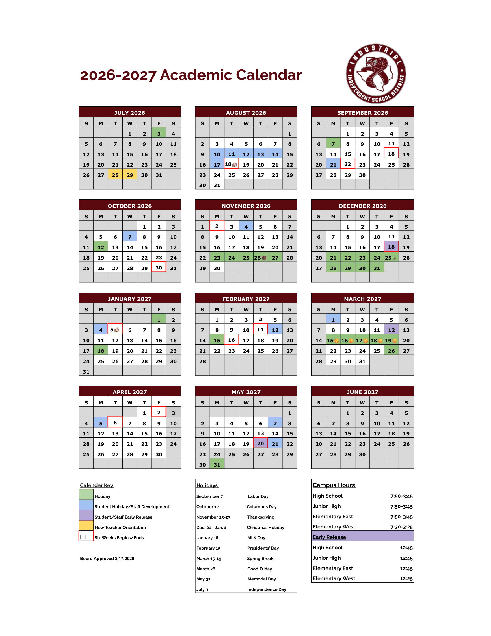 Industrial Independent School District Calendar 26-27 pdf