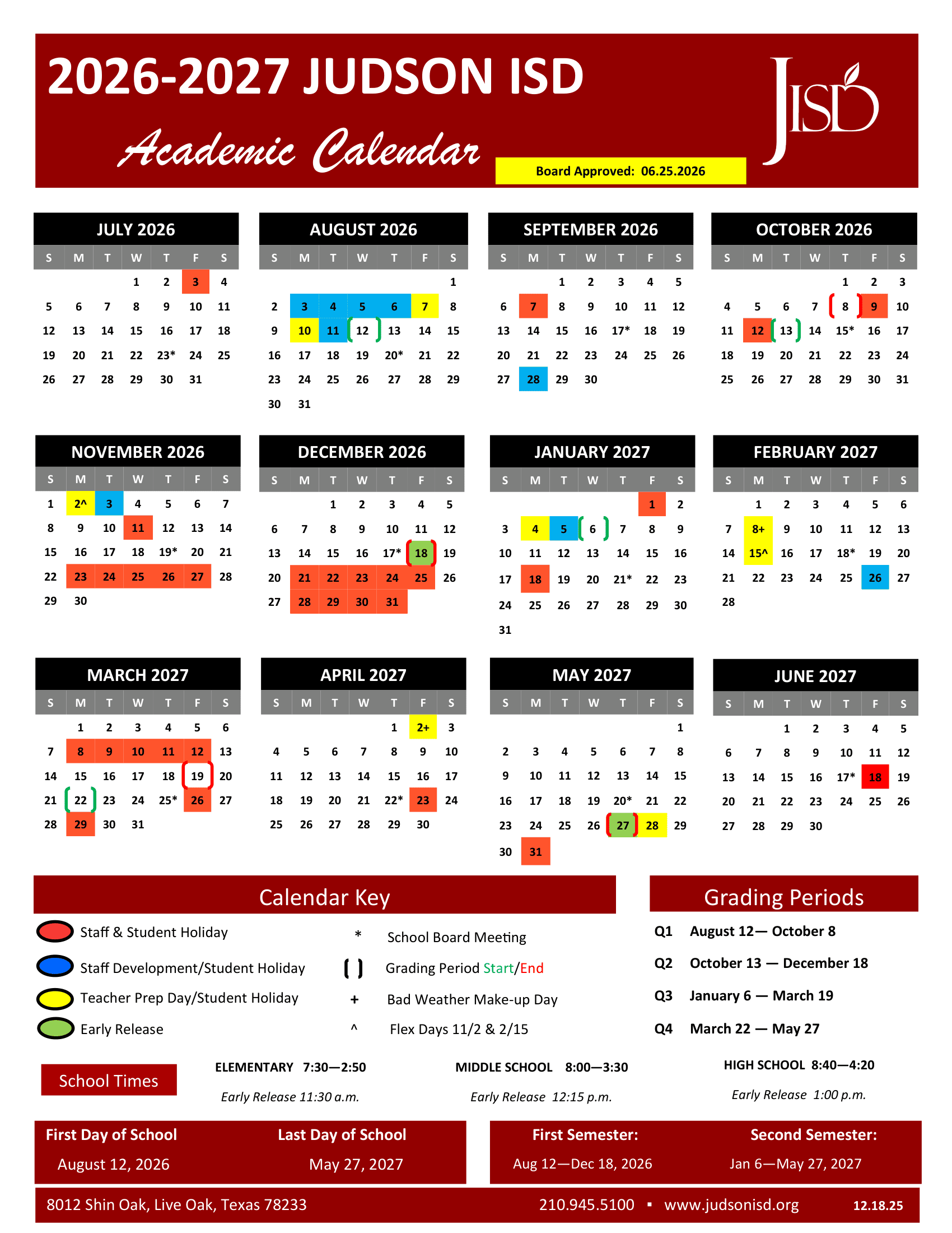 JUDSON ISD Calendar 26-27 pdf