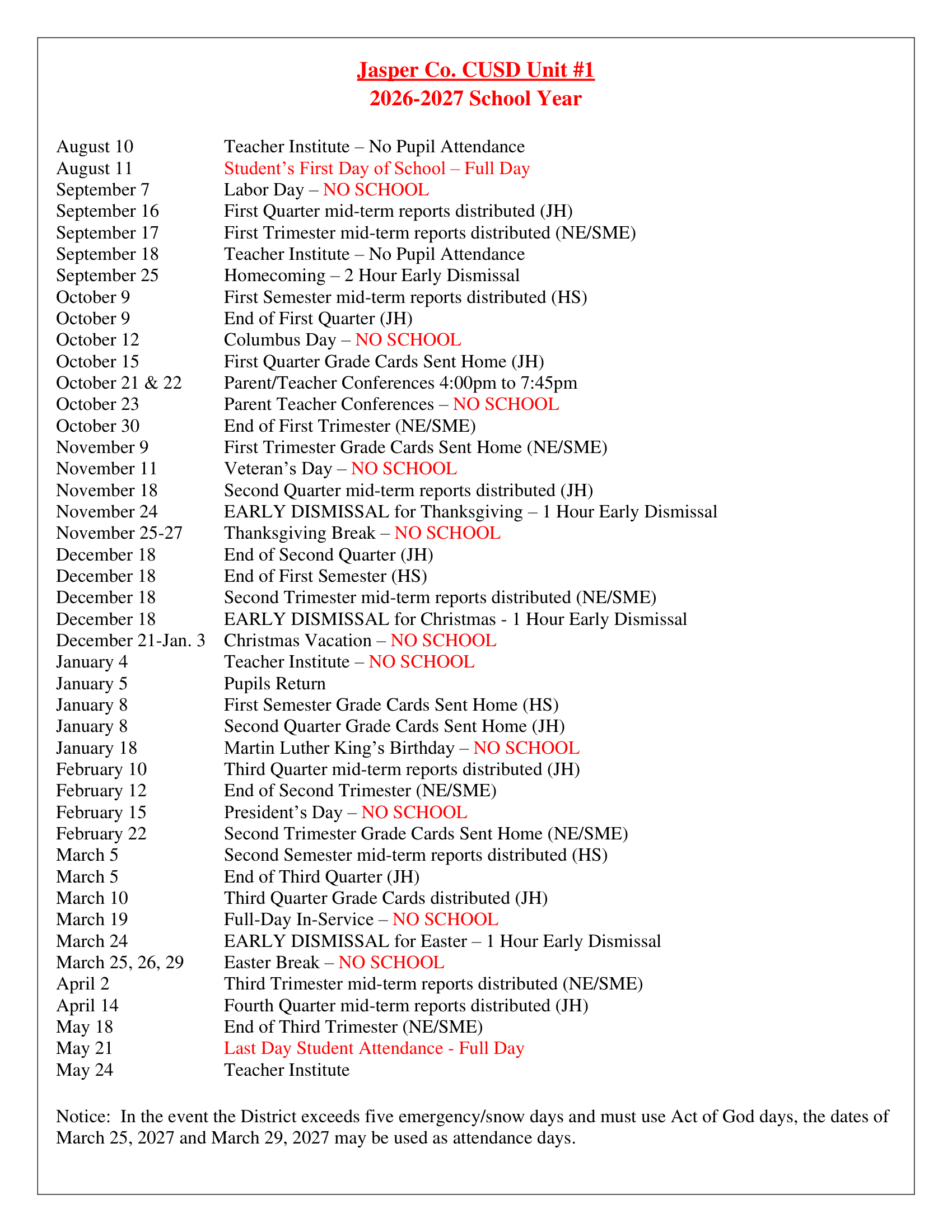 Jasper Co. CUSD Unit #1 Calendar 26-27 Revised