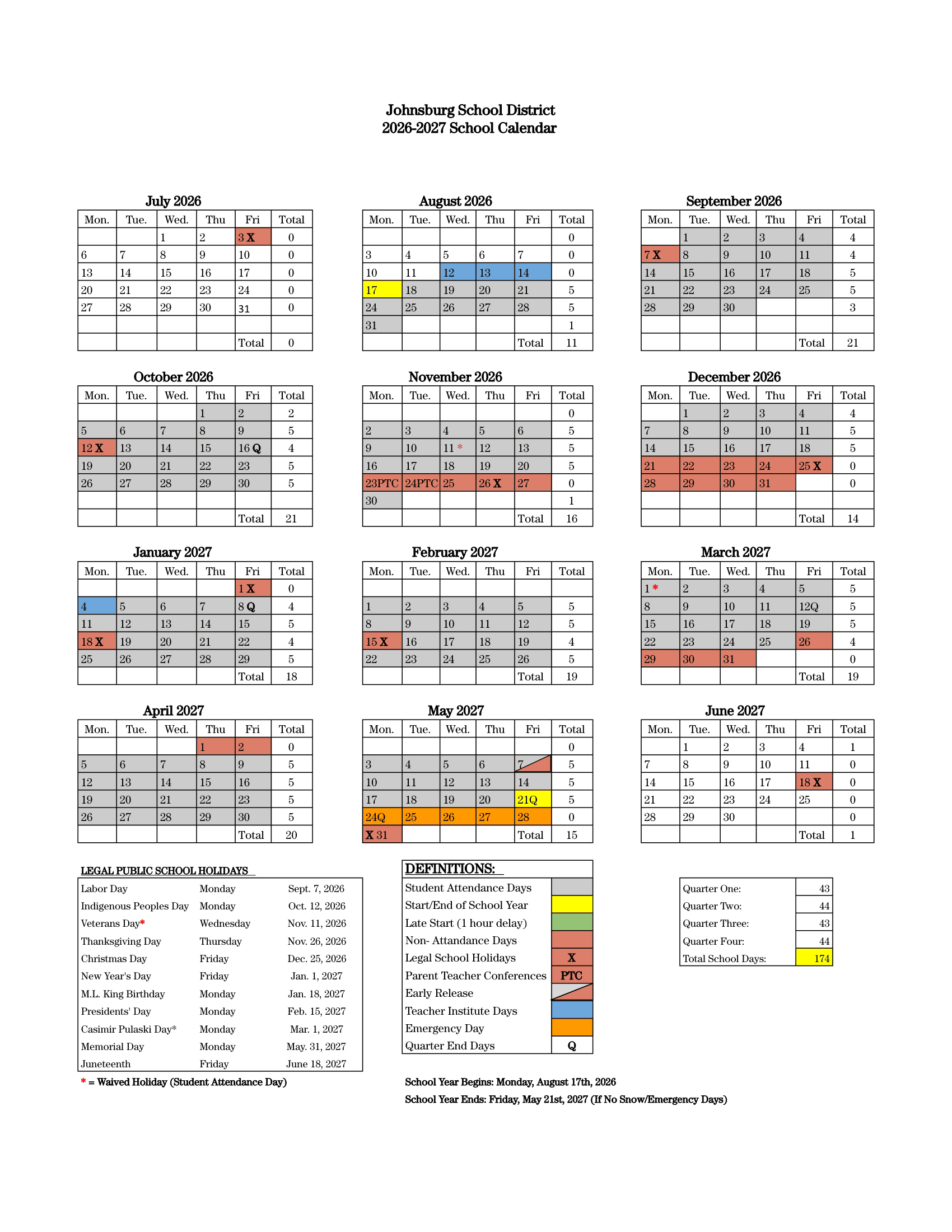 Johnsburg School District Calendar 26-27 pdf