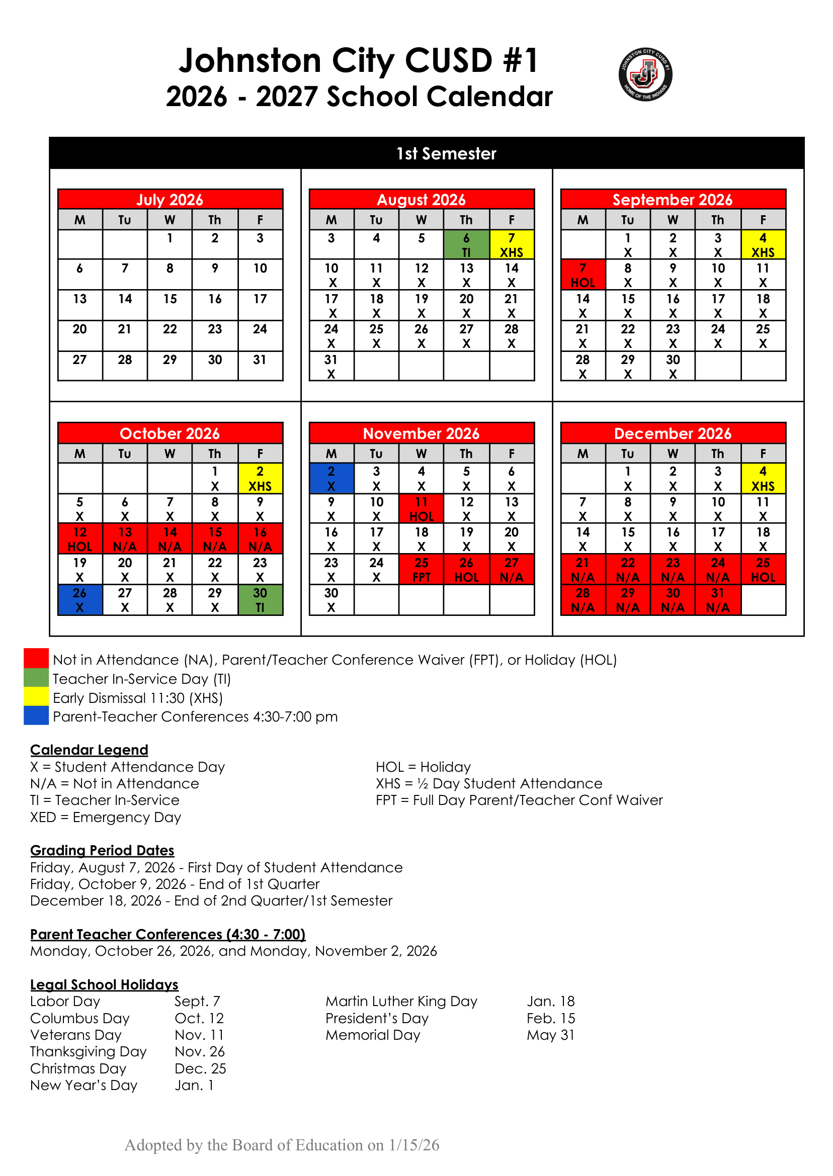 Johnston City CUSD #1 Calendar 26-27 Revised