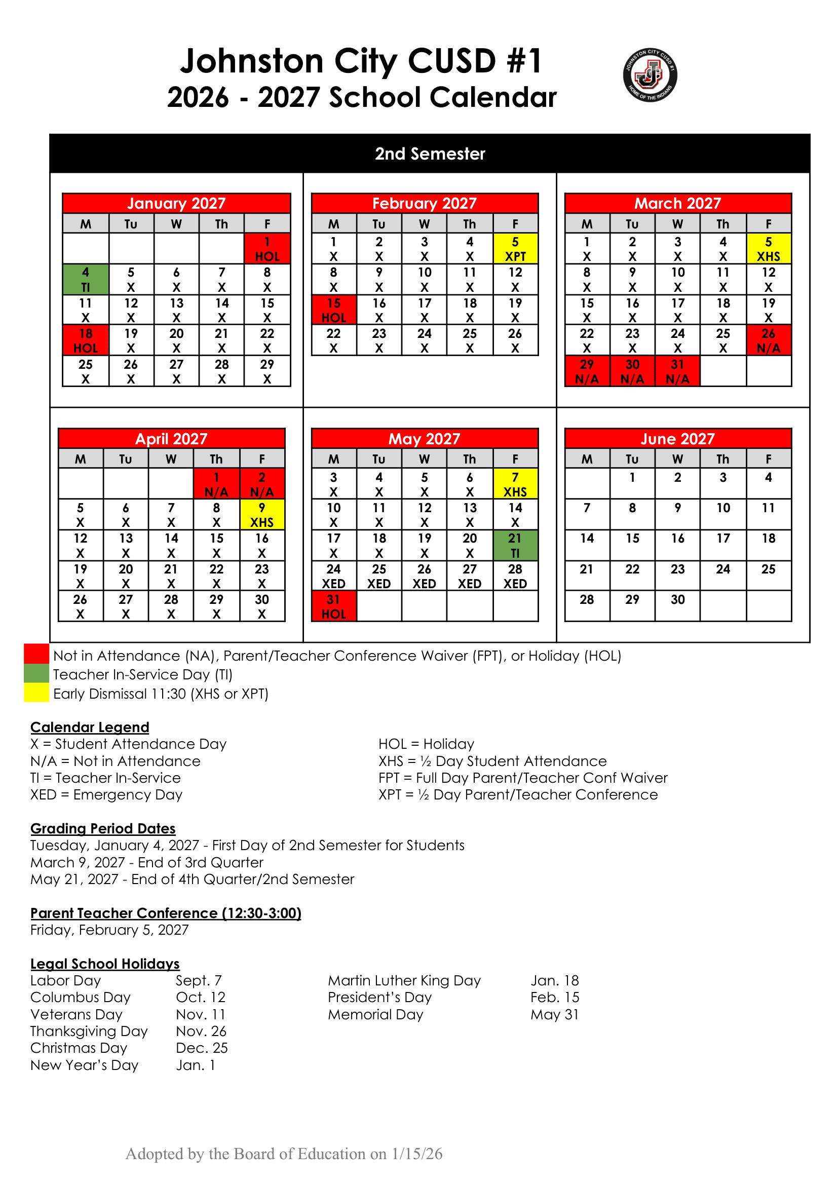 Johnston City CUSD #1 Calendar 26-27 Revised