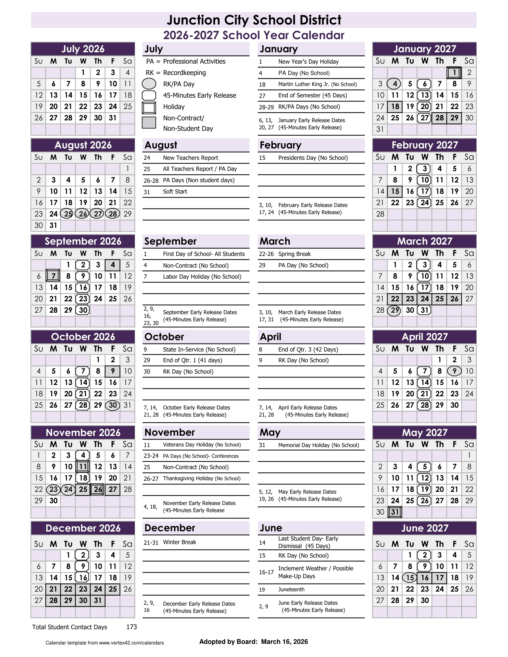 Junction City School District Calendar 26-27 PDF