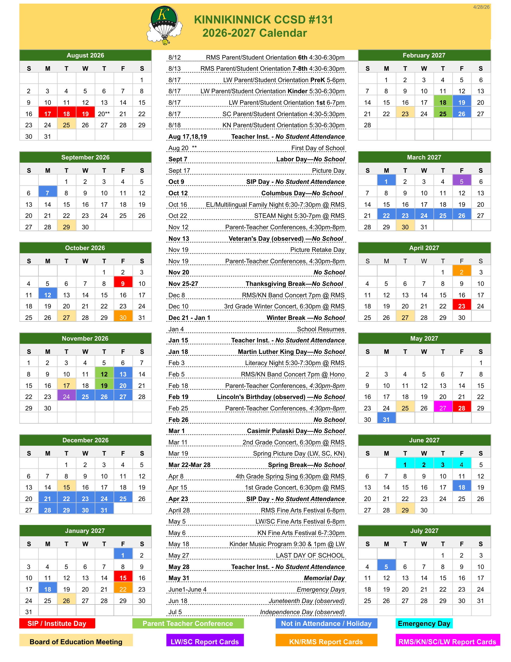 KINNIKINNICK CCSD #131 Calendar 26-27 pdf