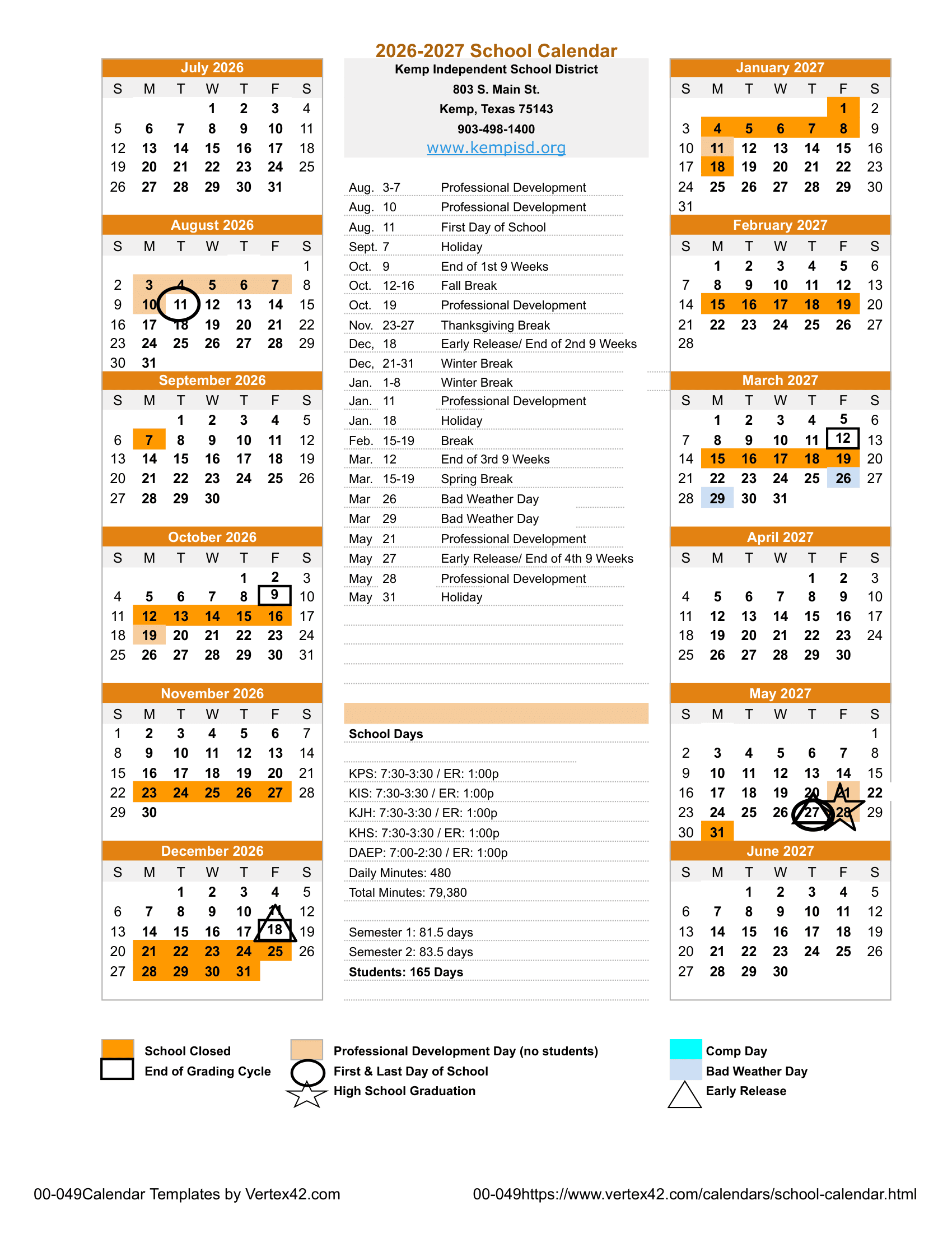 Kemp Independent School District Calendar 26-27 pdf