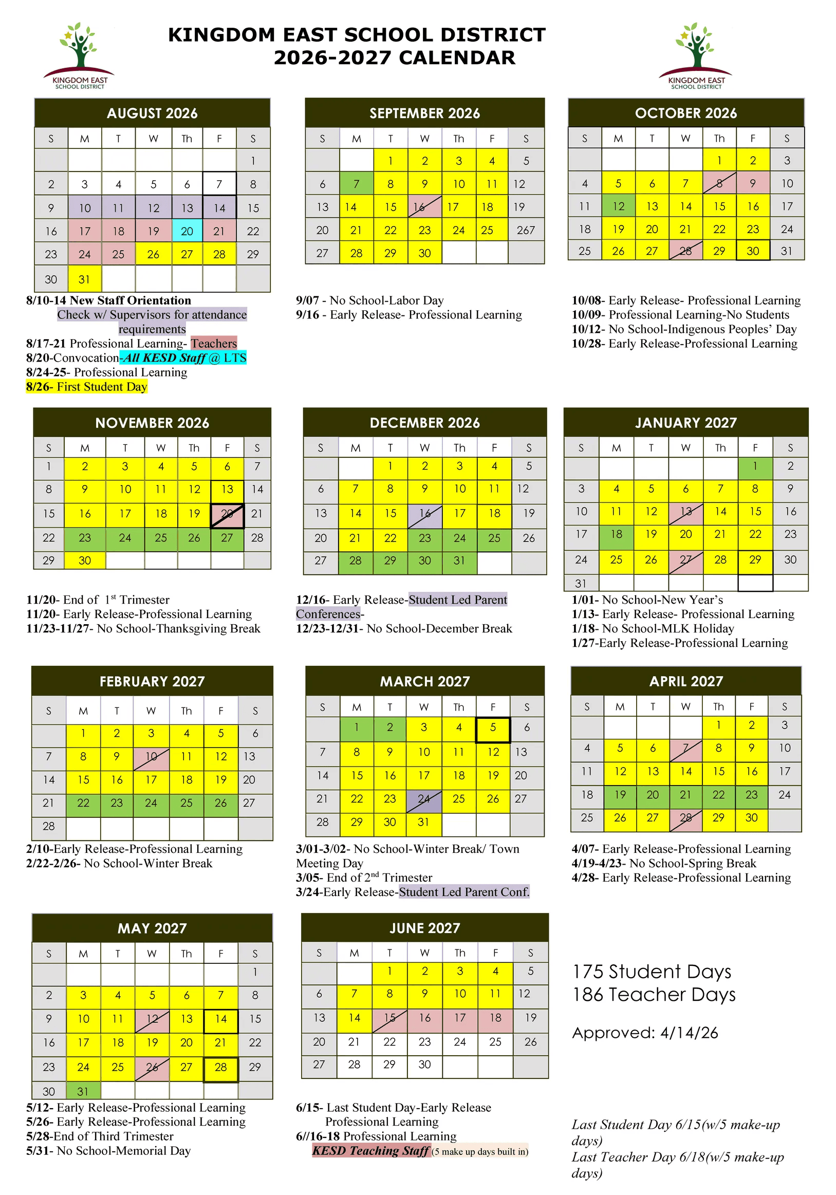 Kingdom East School District Calendar 26-27 Revised