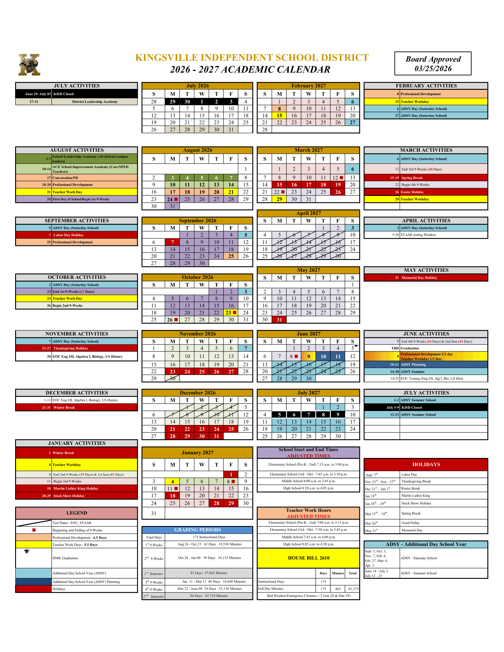 Kingsville Independent School District Calendar 26-27 pdf
