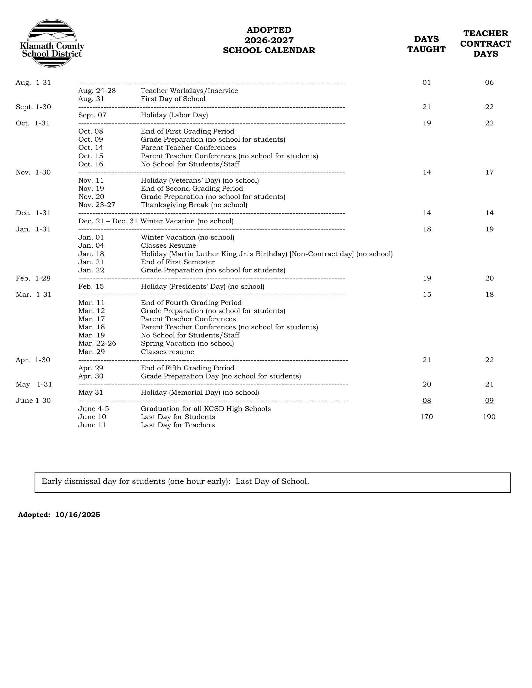 Klamath County School District Calendar 26-27 PDF