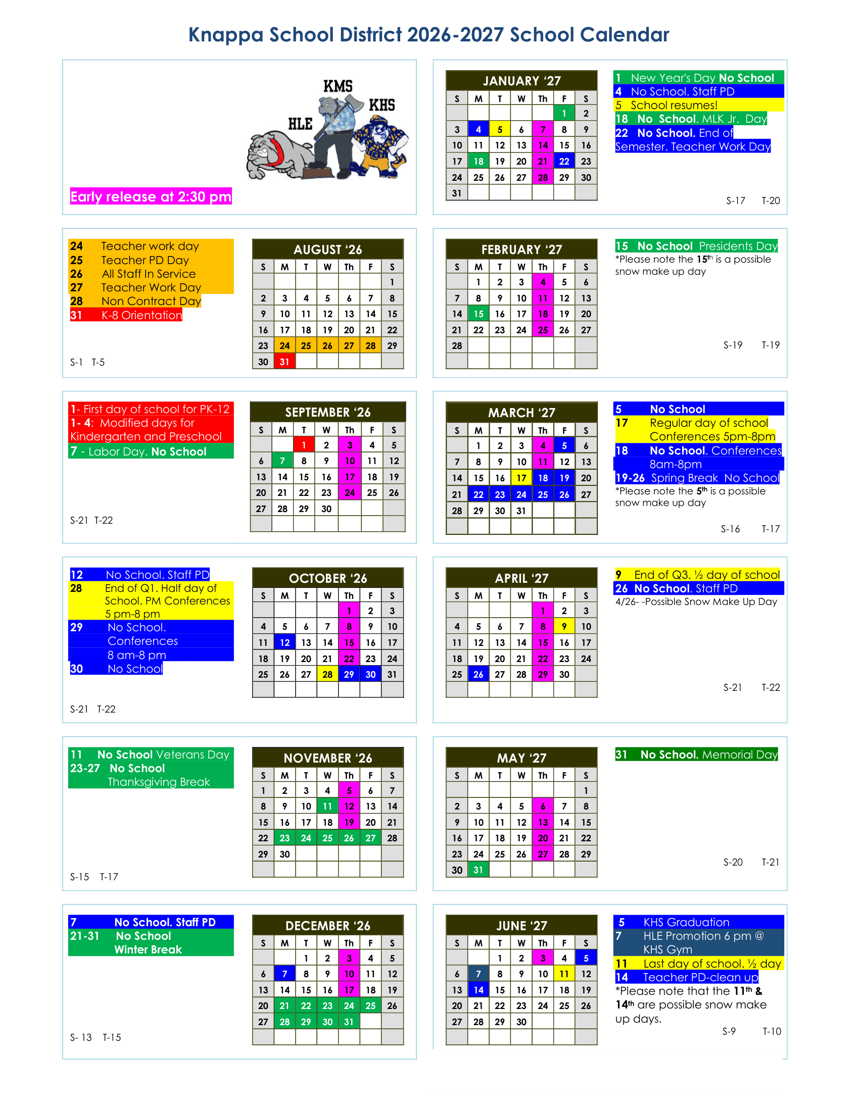 Knappa School District Calendar 26-27 PDF