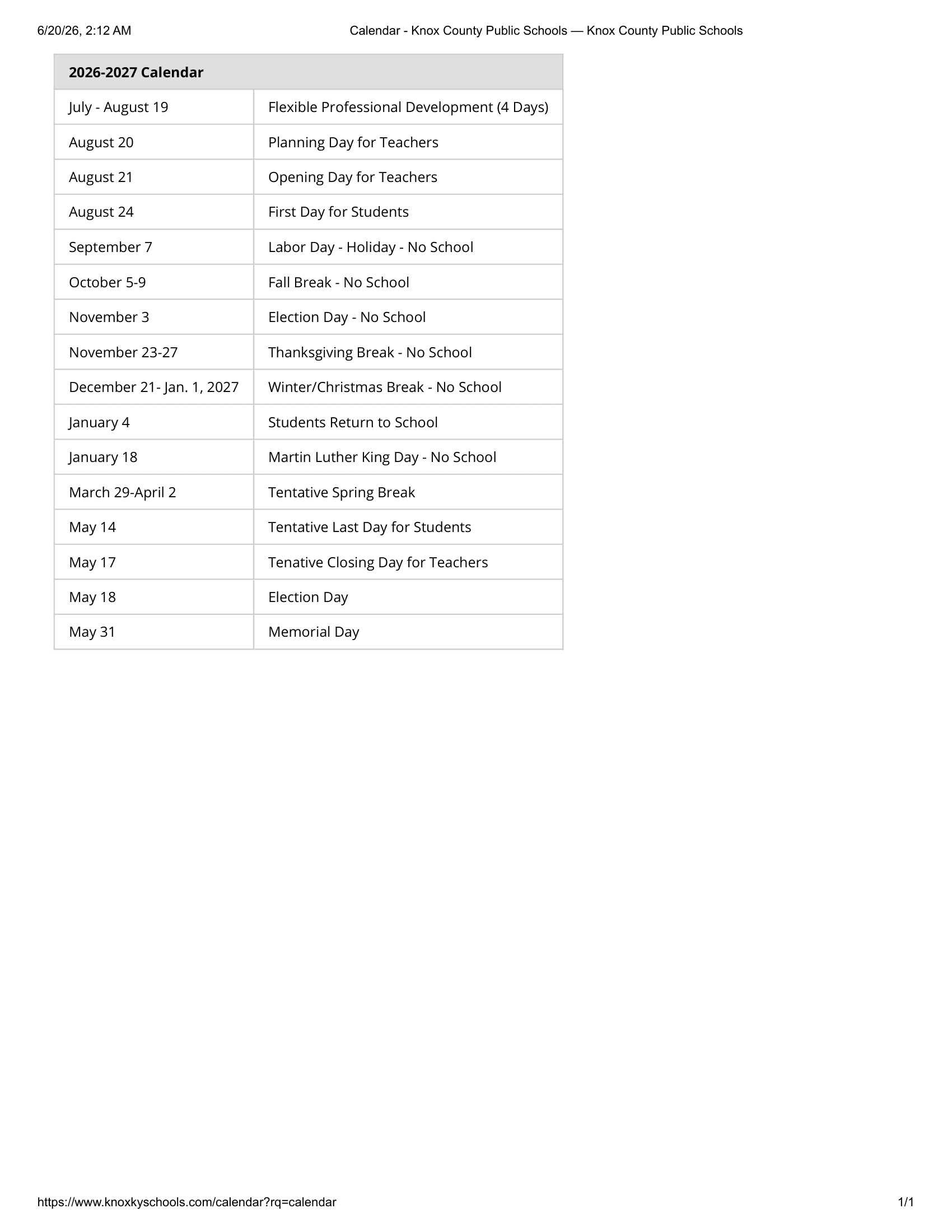 Knox County Public Schools Calendar 26-27 Revised