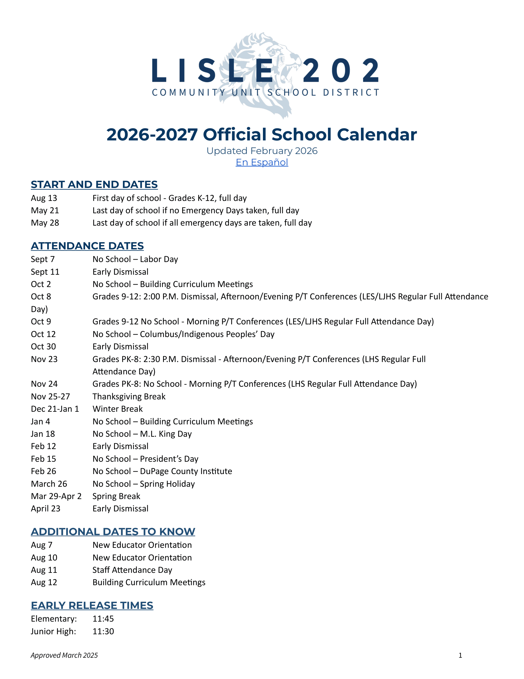 LISLE 202 Community Unit School District Calendar 26-27 pdf