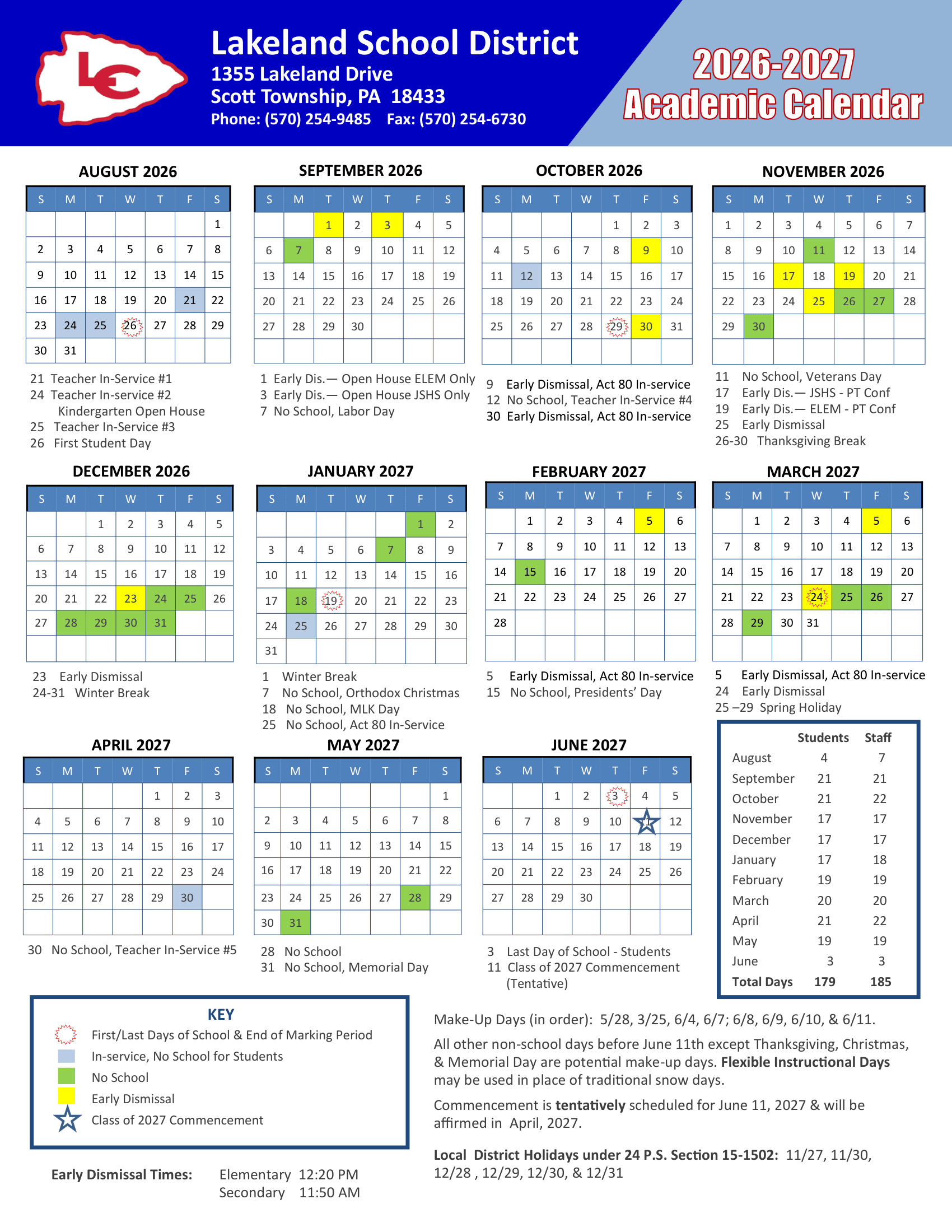 Lakeland School District Calendar 26-27 pdf
