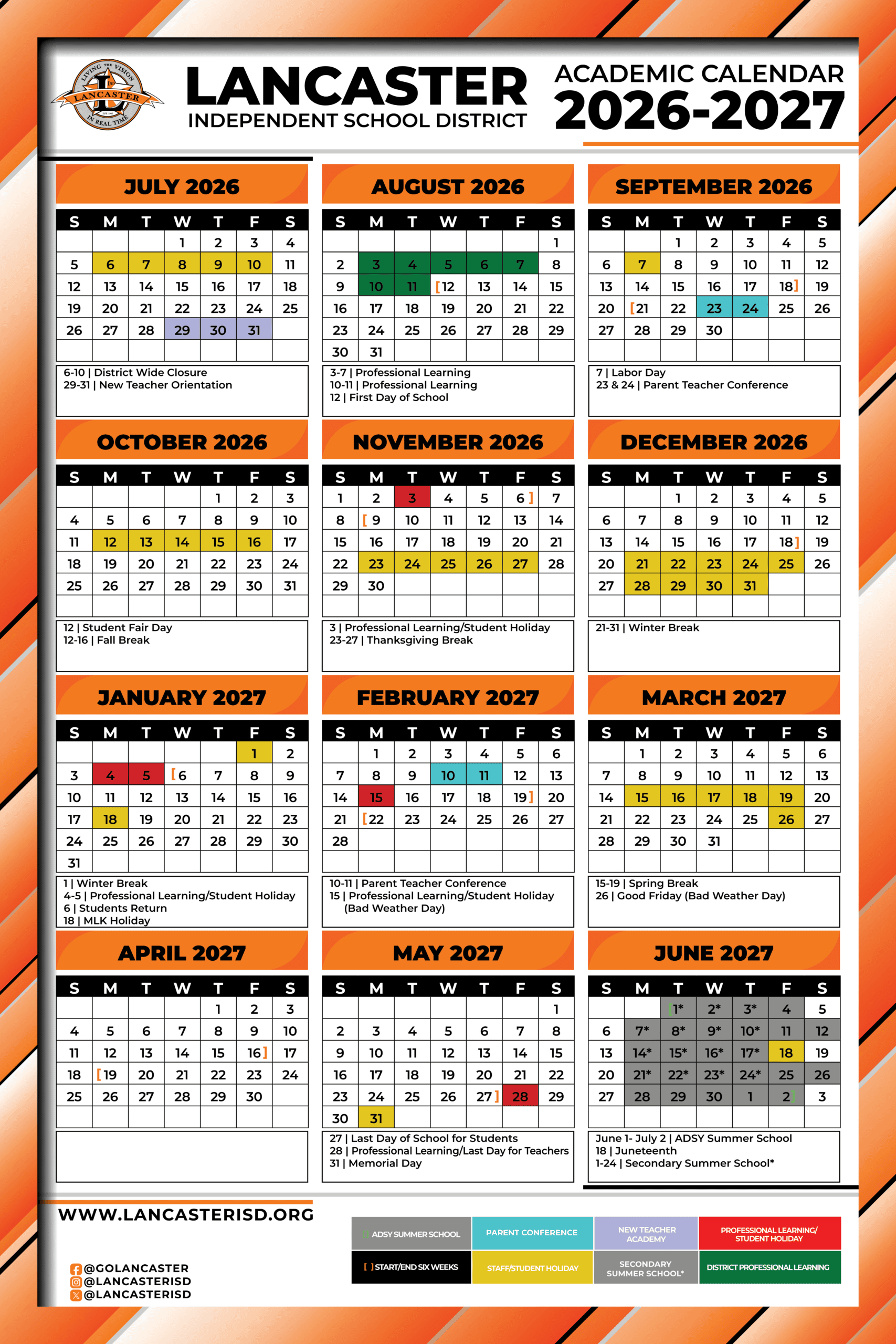 Lancaster Independent School District Calendar 26-27 pdf