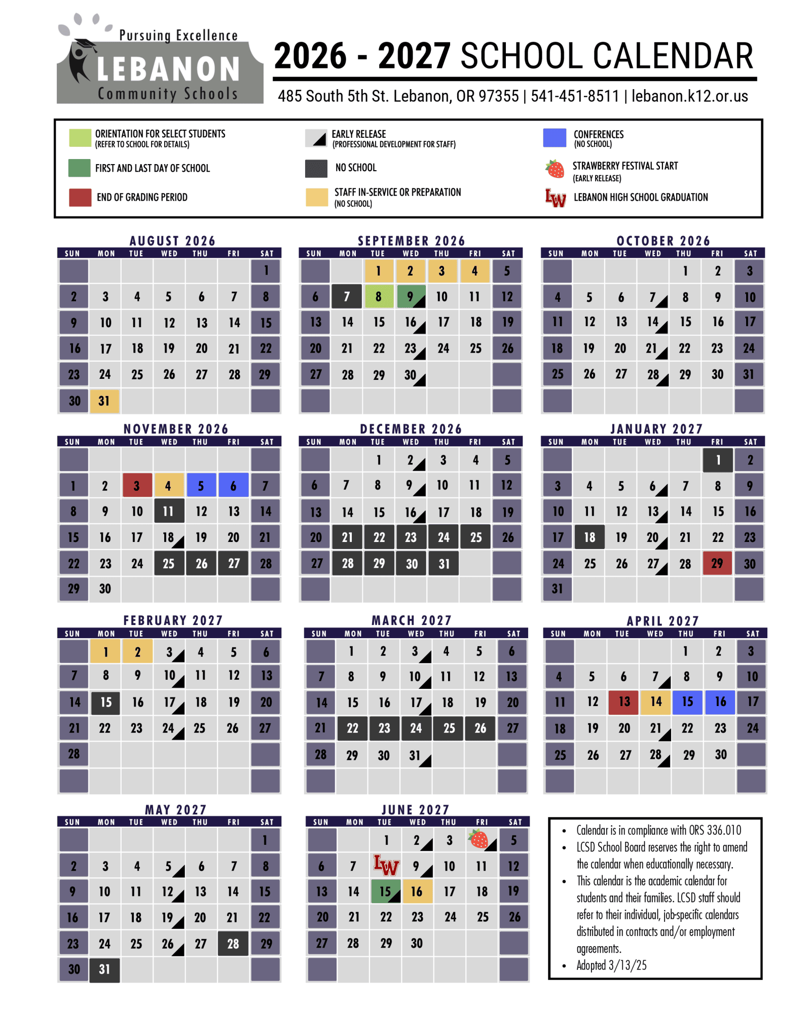 Lebanon Community Schools Calendar 26-27 PDF