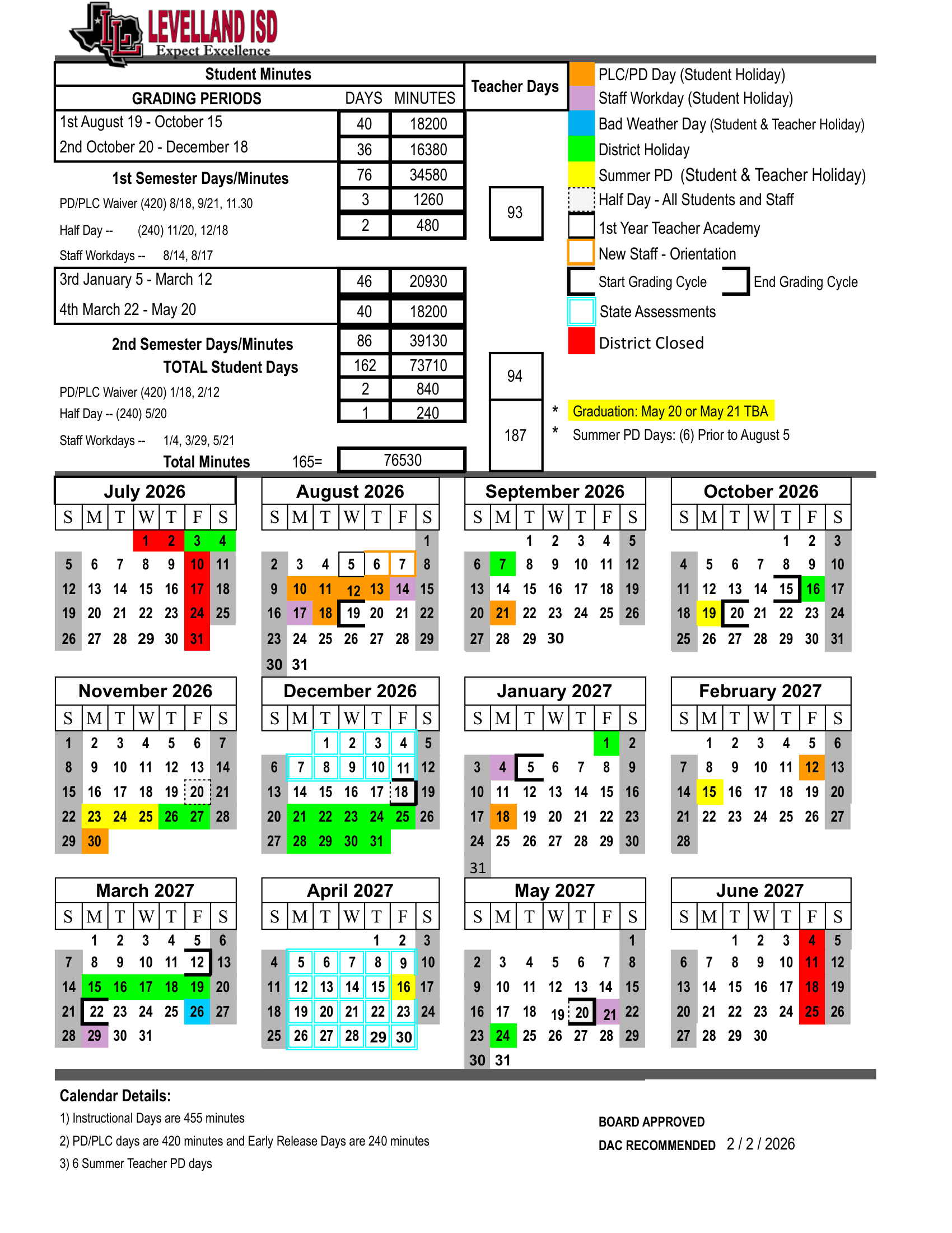 Levelland ISD Calendar 26-27 pdf
