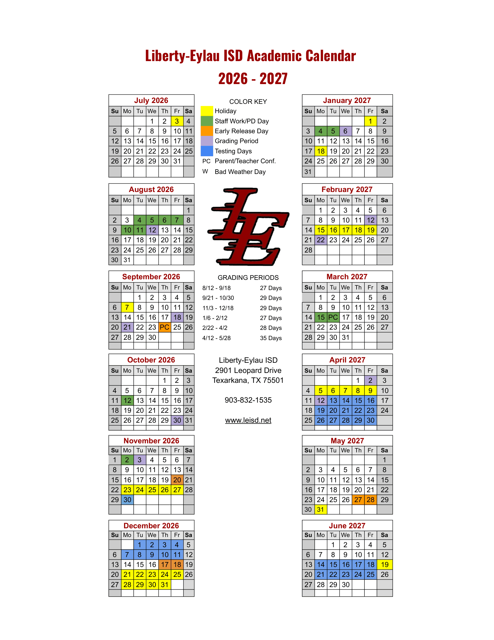 Liberty-Eylau ISD Calendar 26-27 pdf