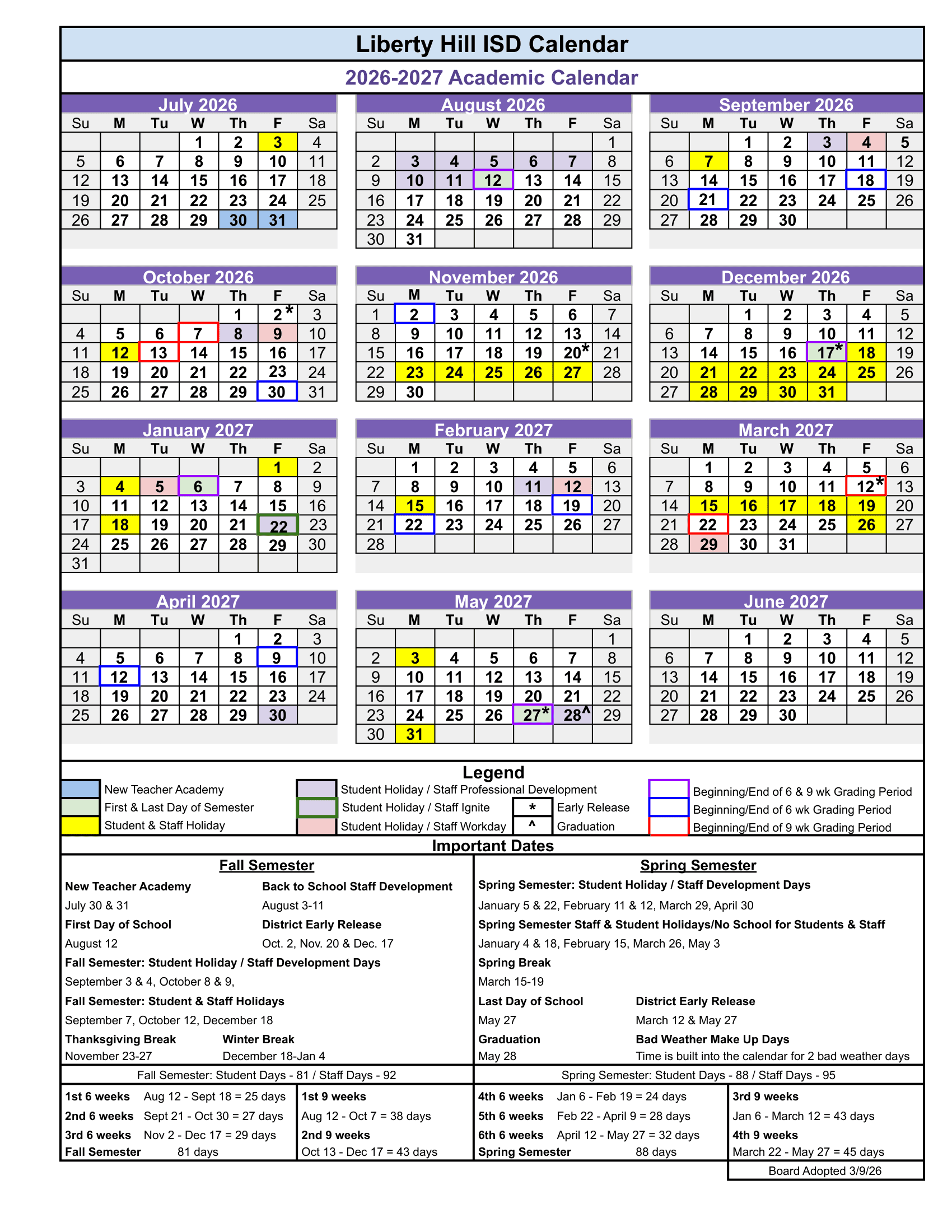 Liberty Hill ISD Calendar 26-27 Revised