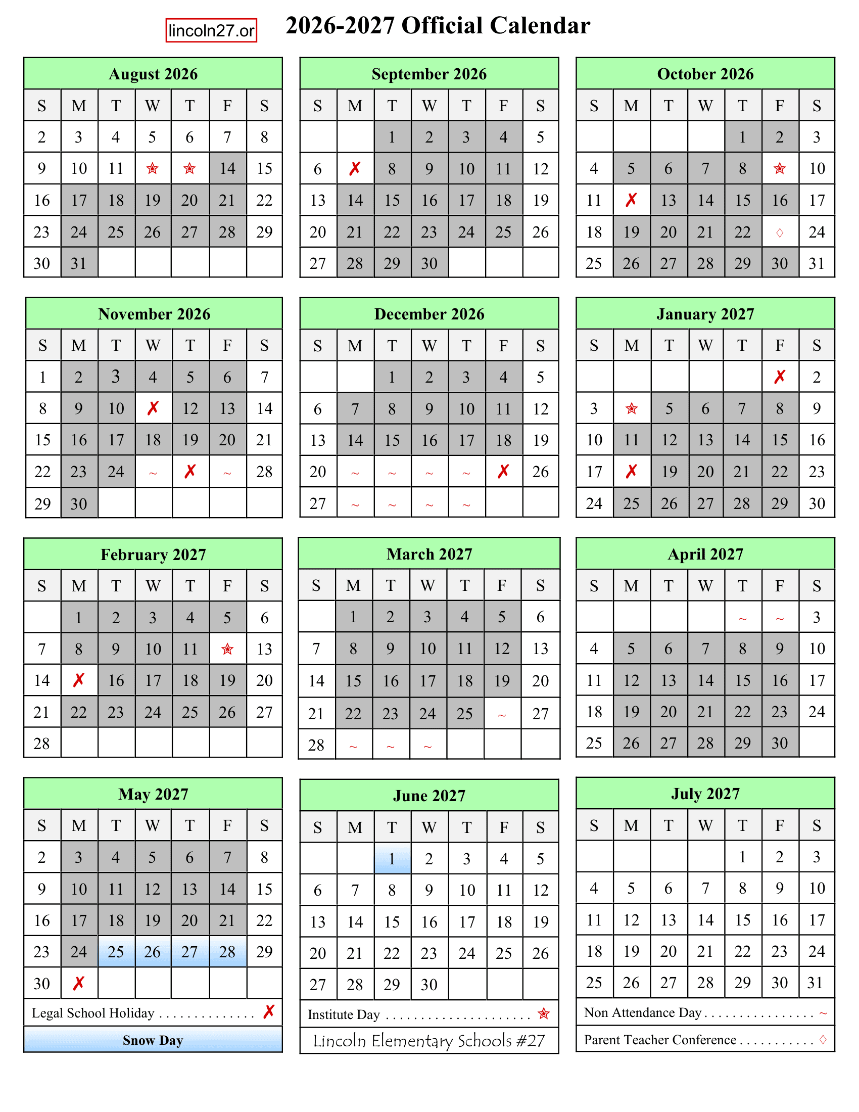 Lincoln Elementary Schools #27 Calendar 26-27 Revised