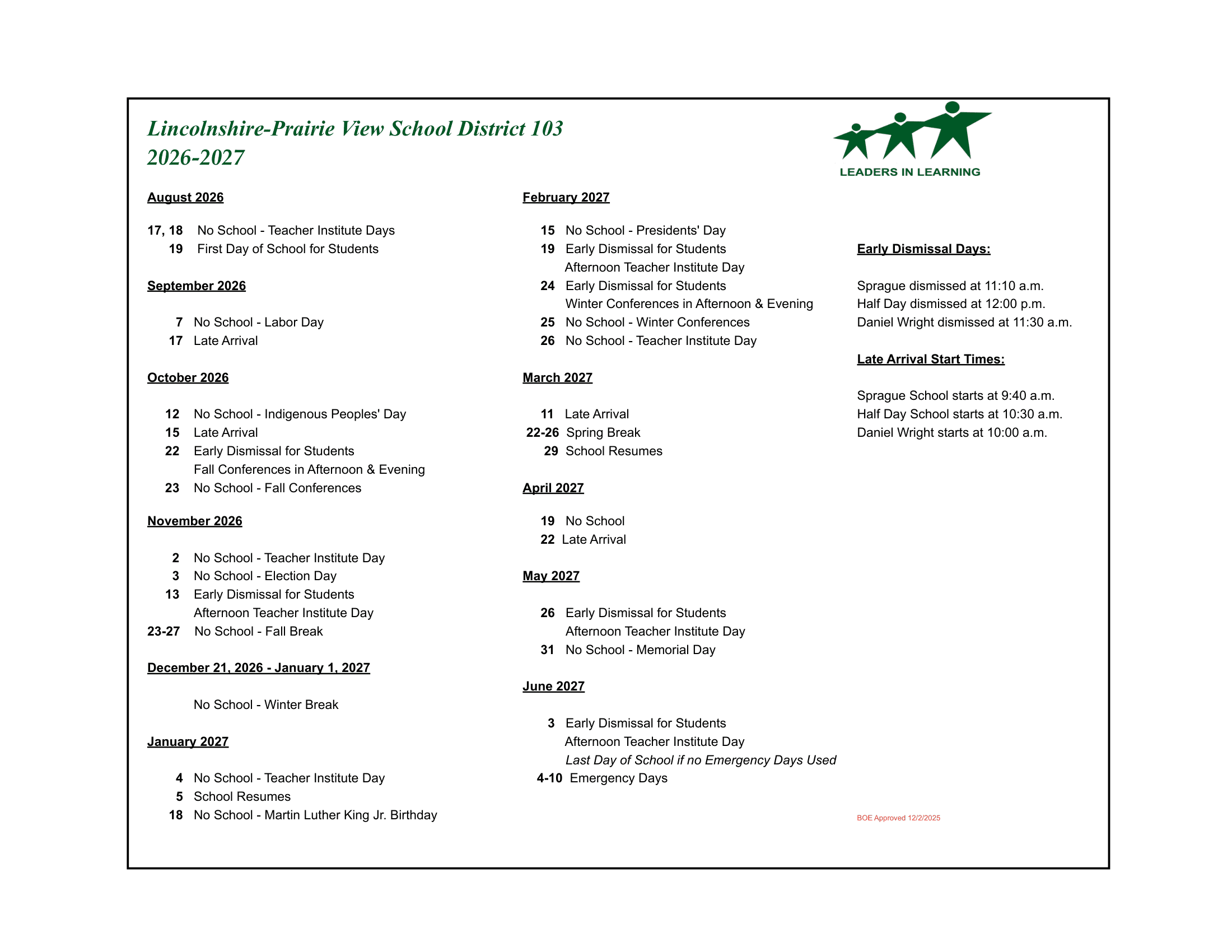 Lincolnshire-Prairie View School District 103 Calendar 26-27 pdf
