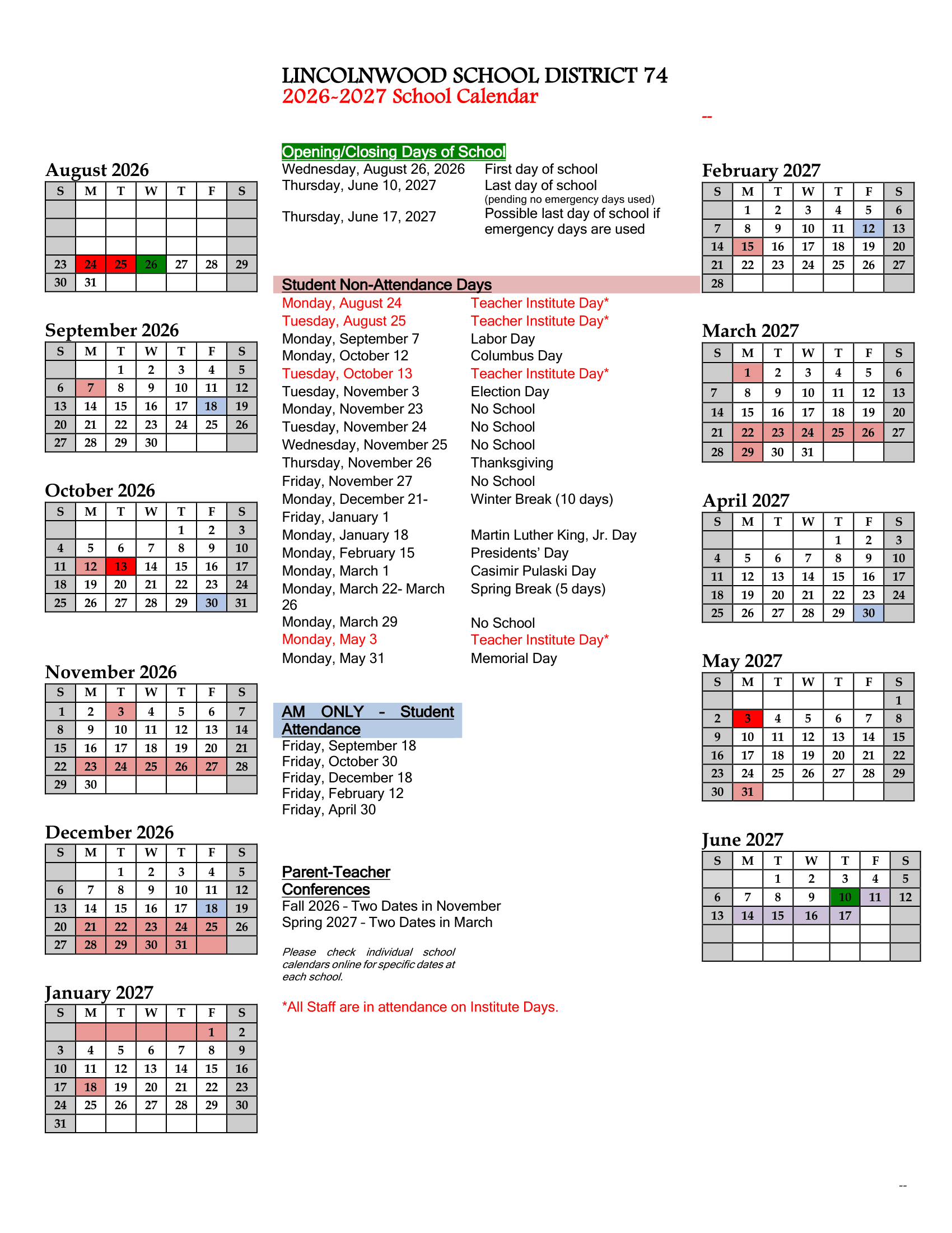 Lincolnwood School District 74 Calendar 26-27 Revised