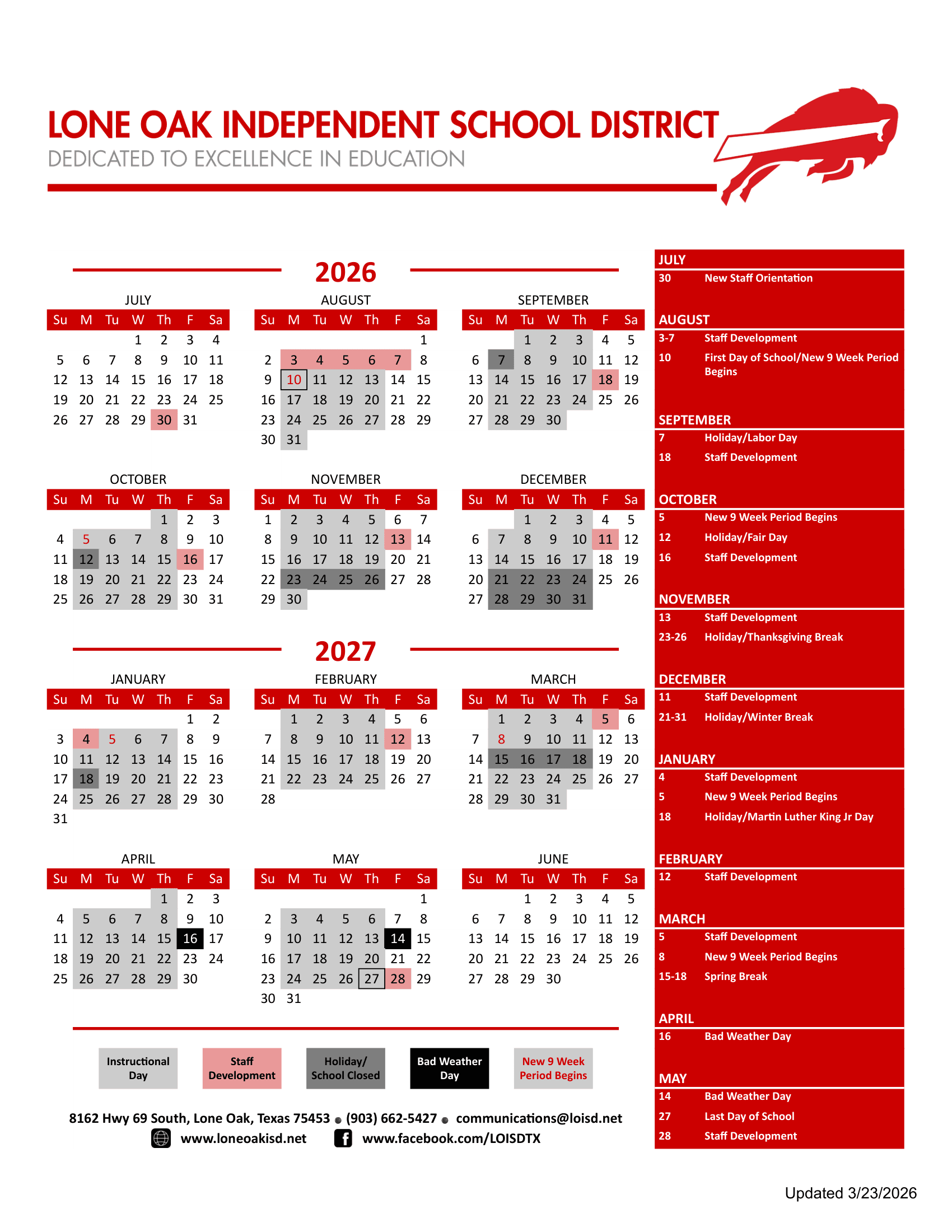 Lone Oak Independent School District Calendar 26-27 pdf