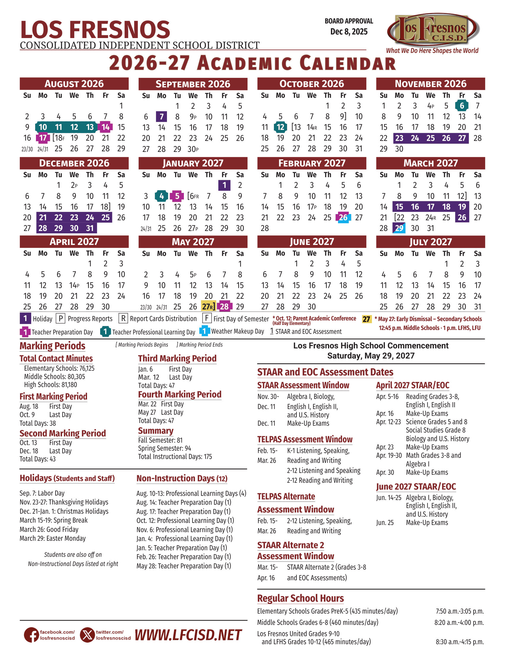Los Fresnos Consolidated Independent School District Calendar 26-27 pdf