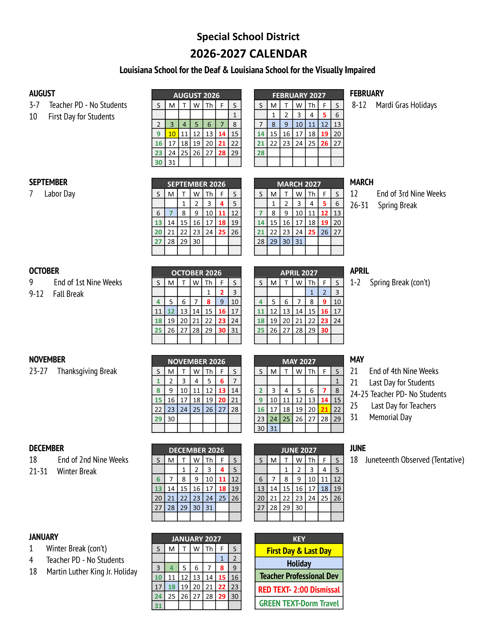 Louisiana School for the Deaf & Louisiana School for the Visually Impaired Calendar 26-27 pdf