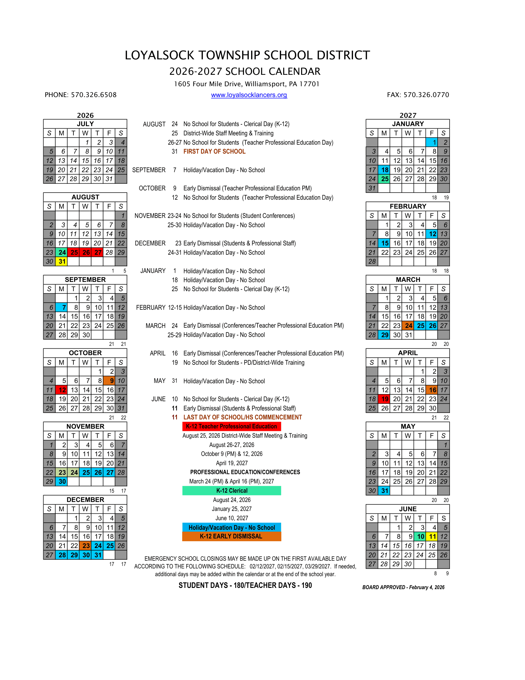 Loyalsock Township School District Calendar 26-27 pdf