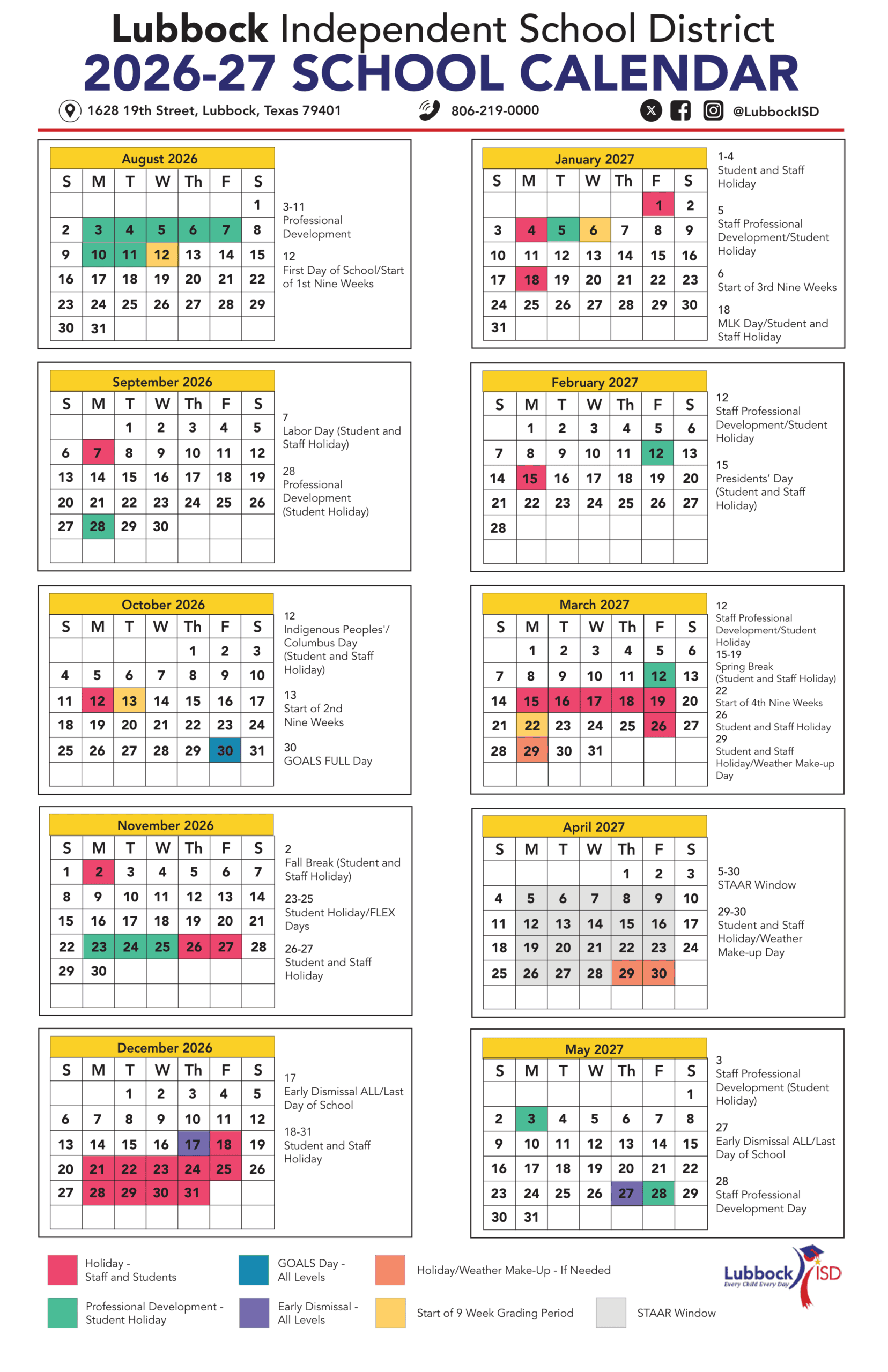 Lubbock Independent School District Calendar 26-27 pdf