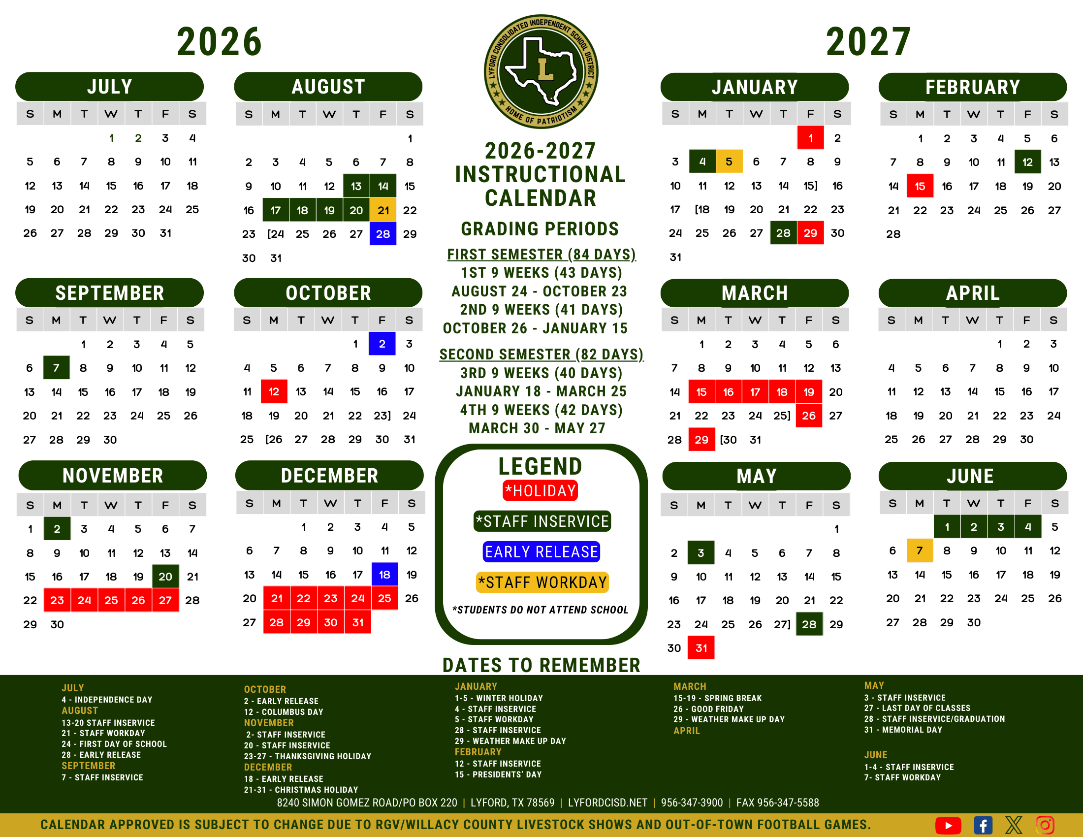 Lyford Consolidated Independent School District Calendar 26-27 pdf