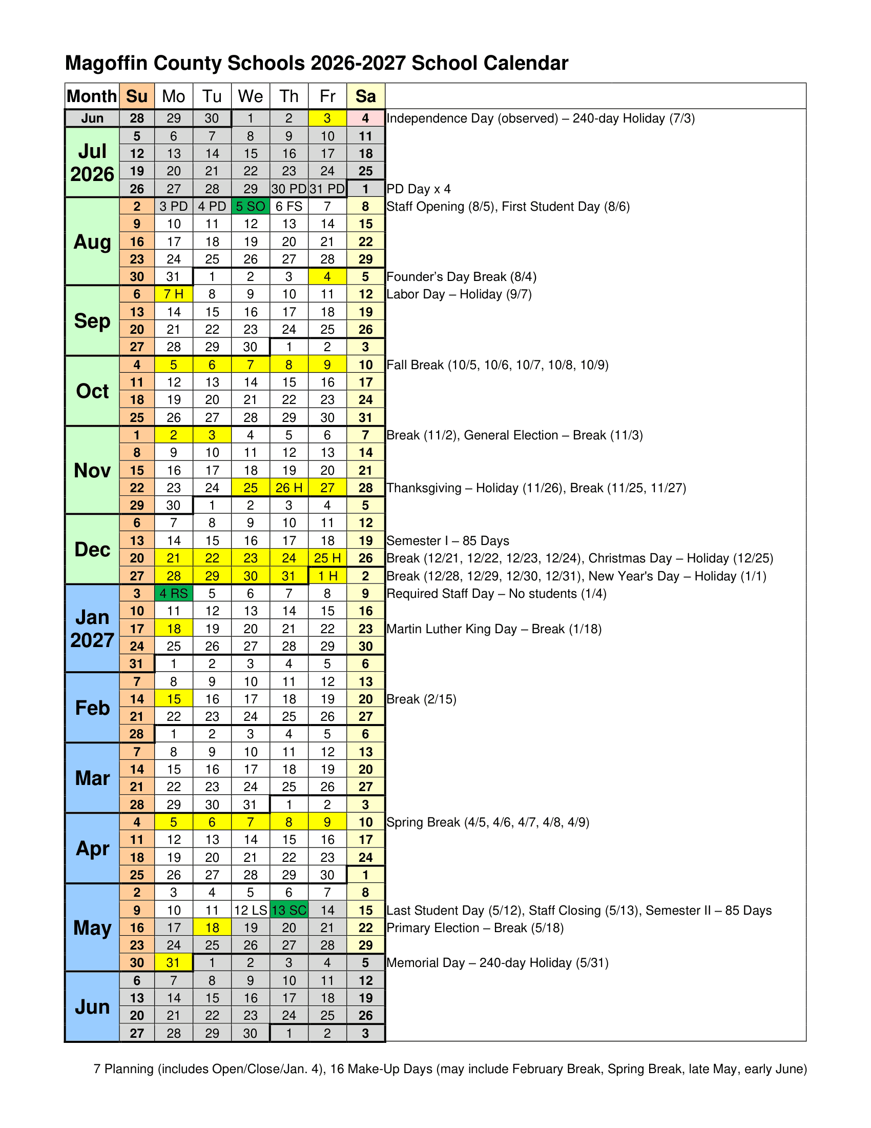 Magoffin County Schools Calendar 26-27 Revised