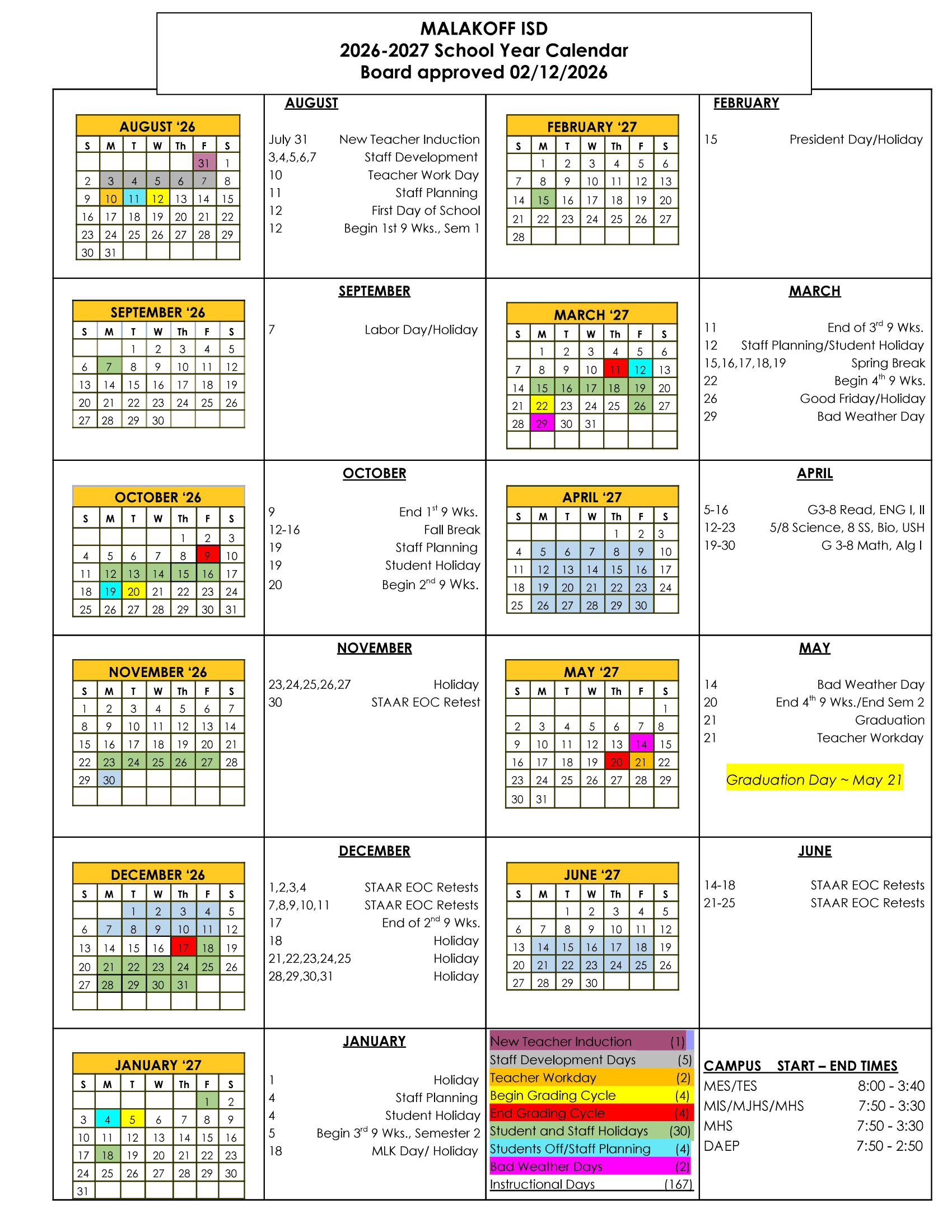 Malakoff ISD Calendar 26-27 pdf