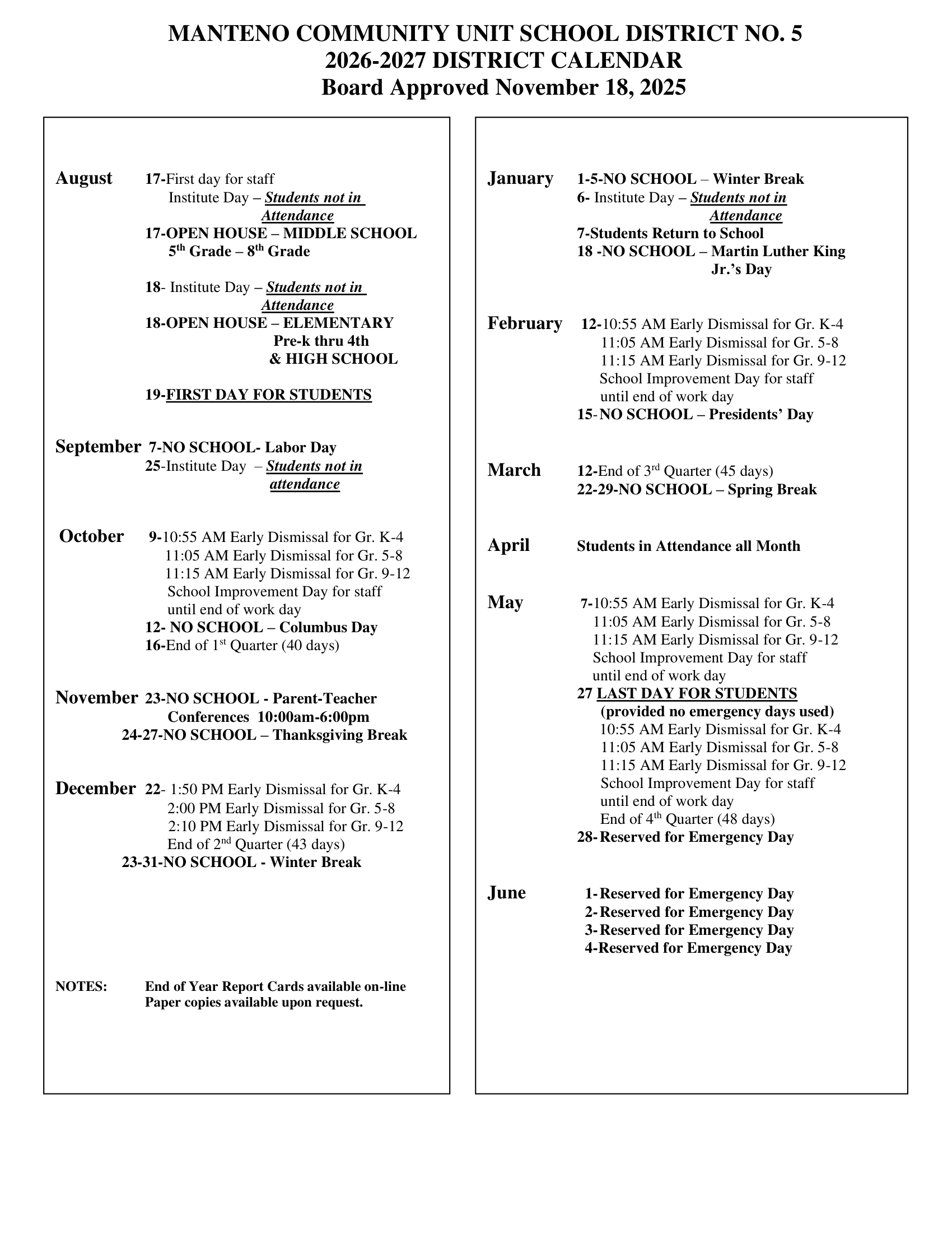 Manteno Community Unit School District No. 5 Calendar 26-27 pdf