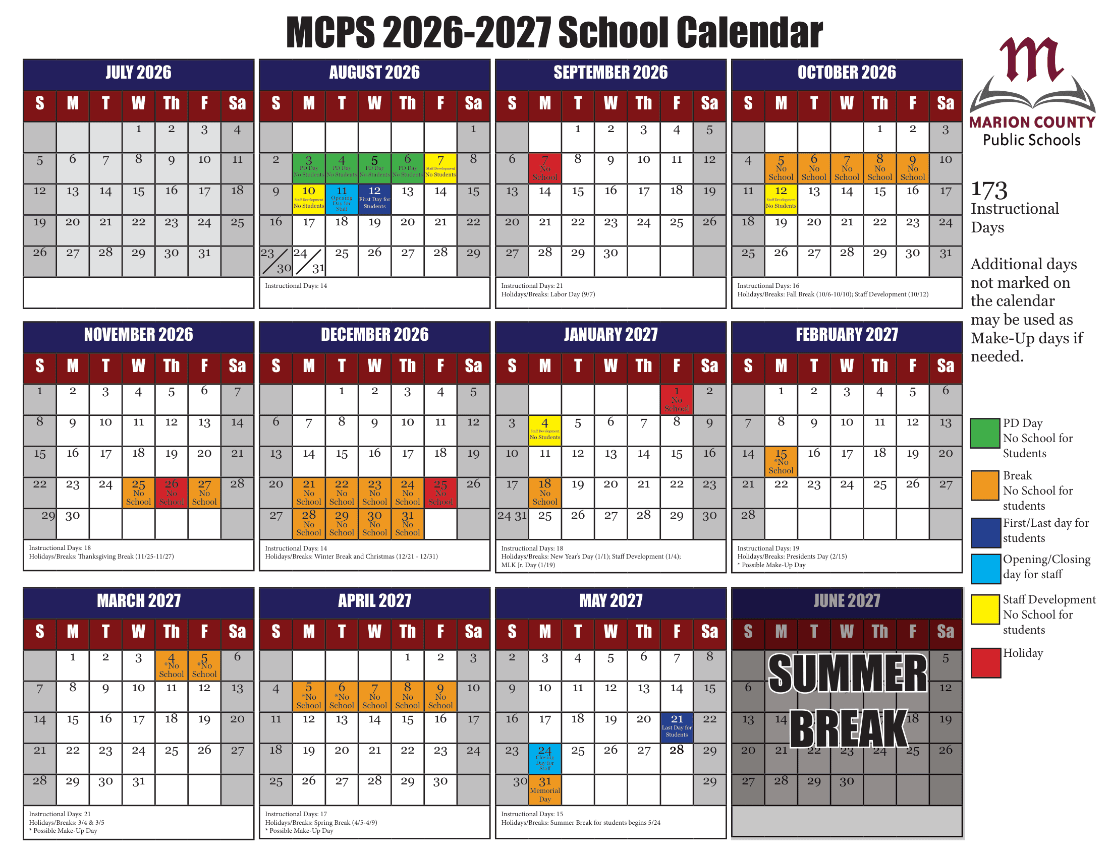 Marion County Public Schools Calendar 26-27 Revised