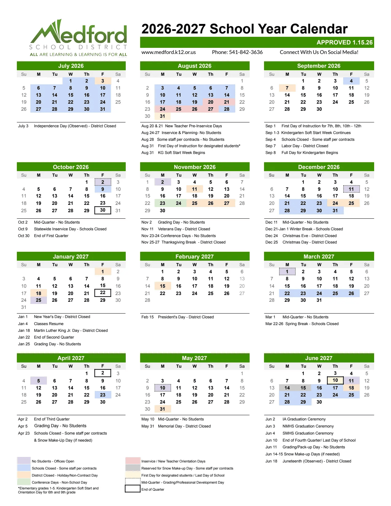 Medford School District Calendar 26-27 PDF