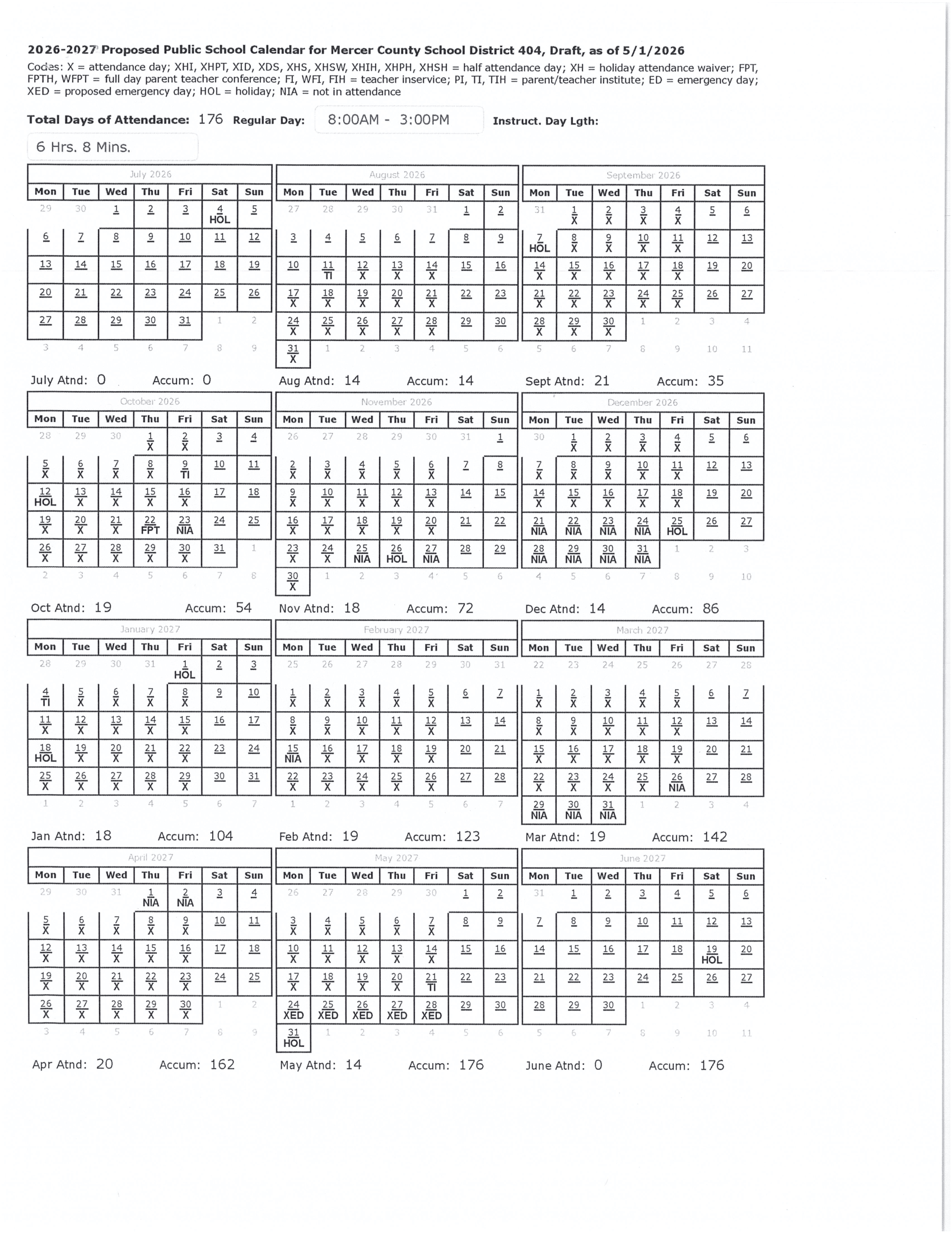 Mercer County School District 404 Calendar 26-27 Revised