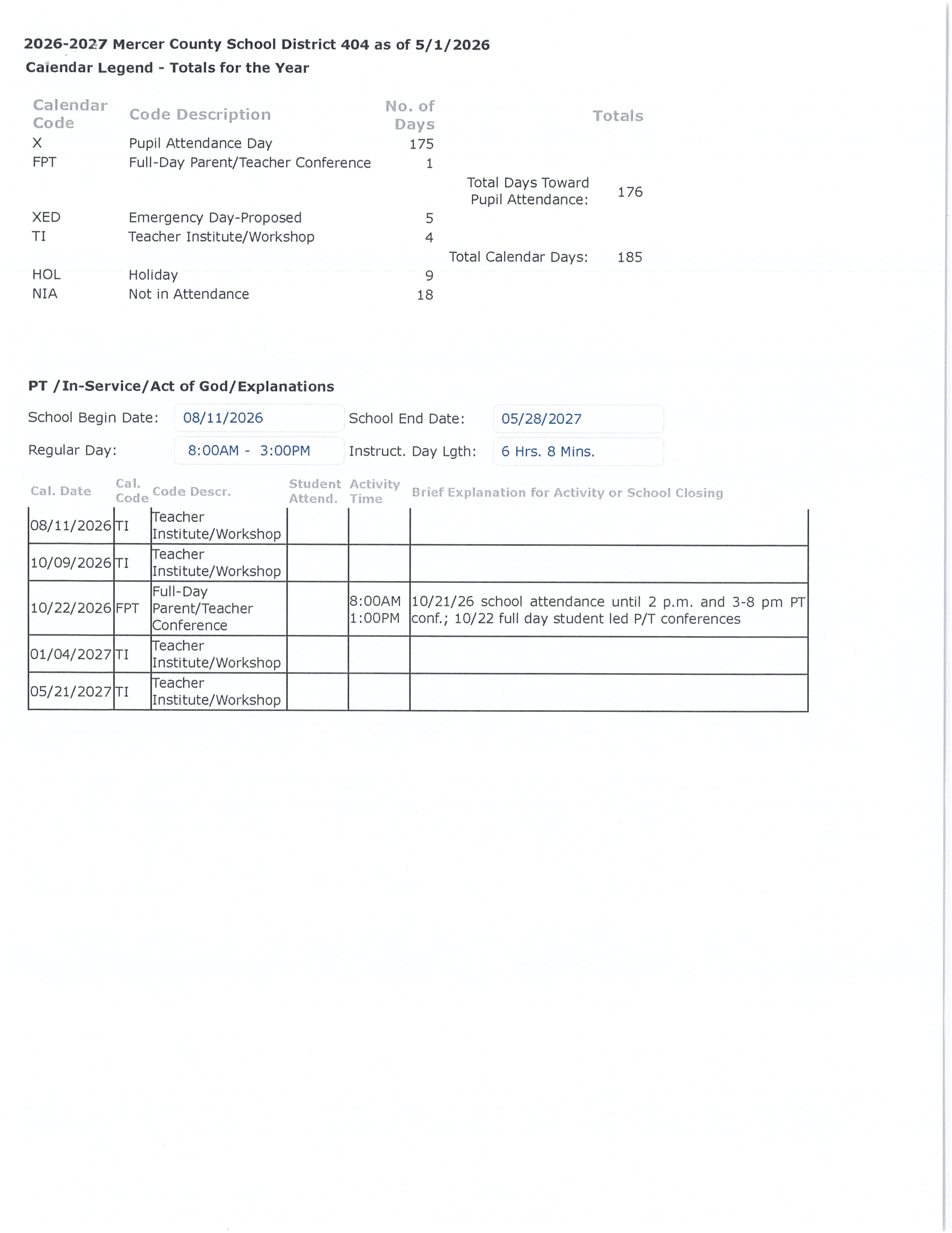 Mercer County School District 404 Calendar 26-27 Revised