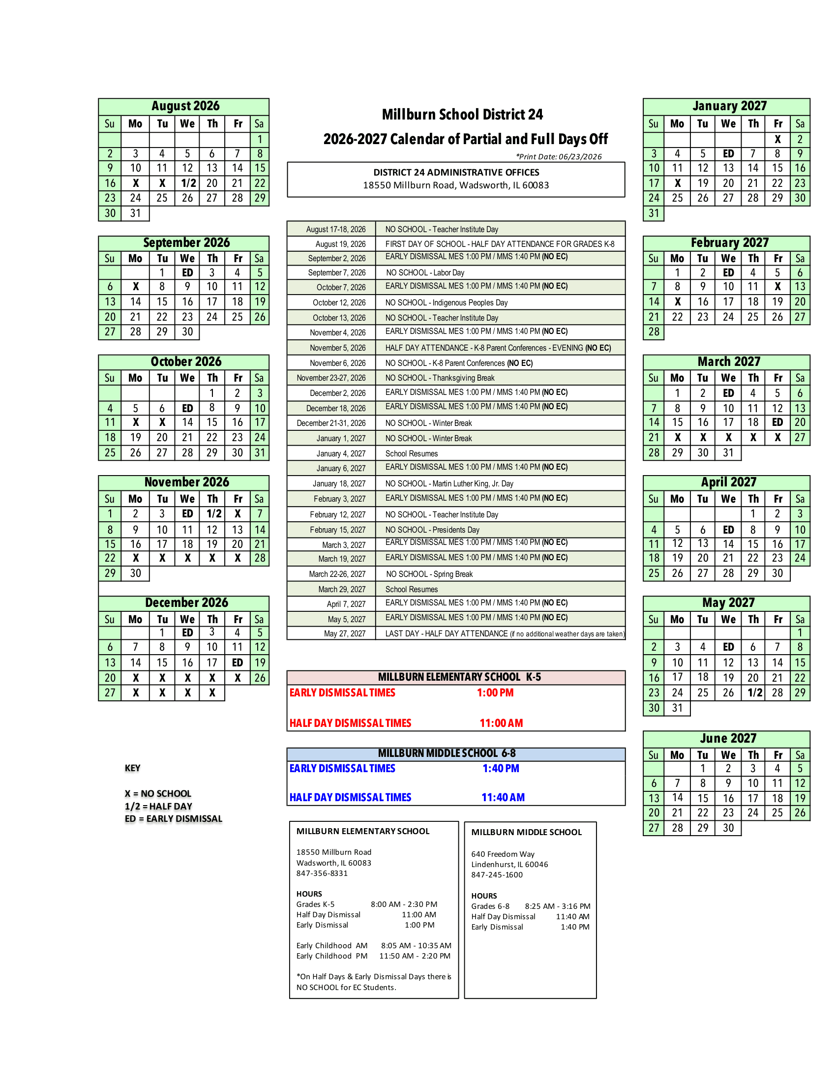 Millburn School District 24 Calendar 26-27 Revised