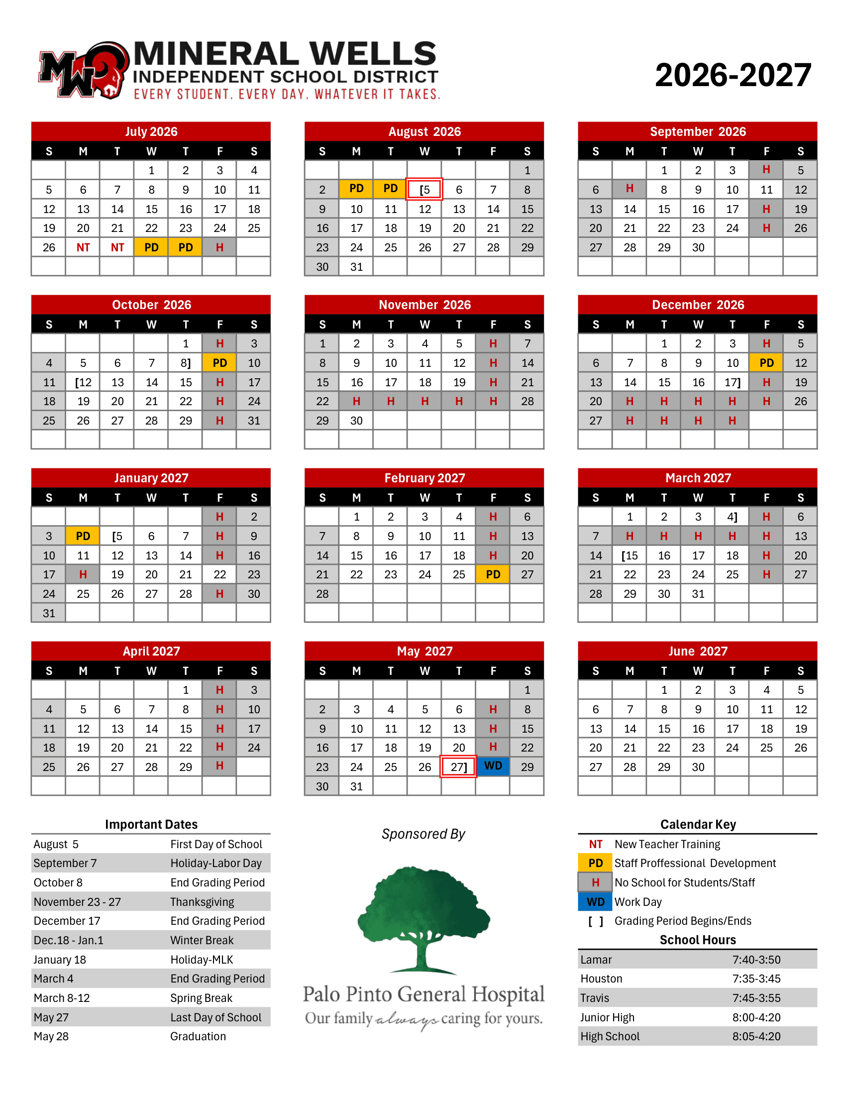 Mineral Wells Independent School District Calendar 26-27 Revised