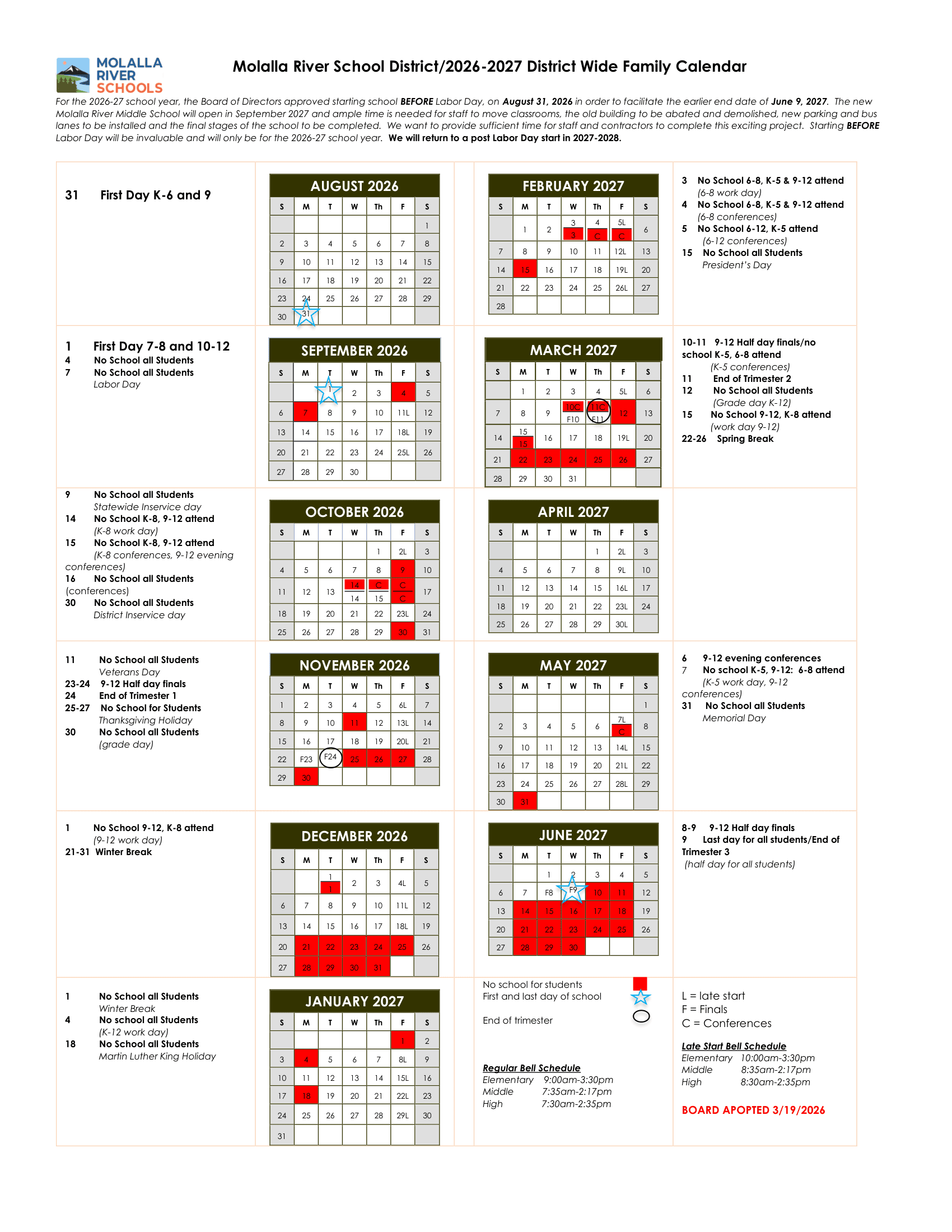 Molalla River School District Calendar 26-27 PDF