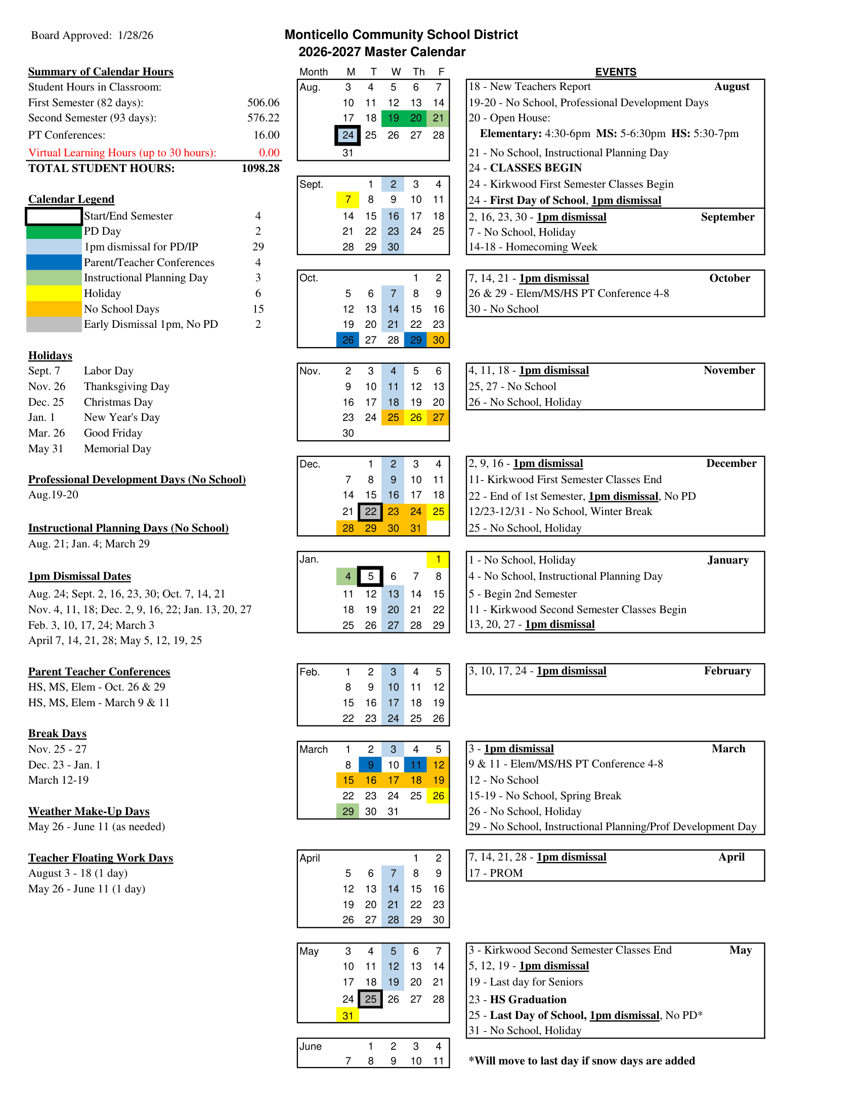 Monticello Community School District Calendar 26-27 pdf