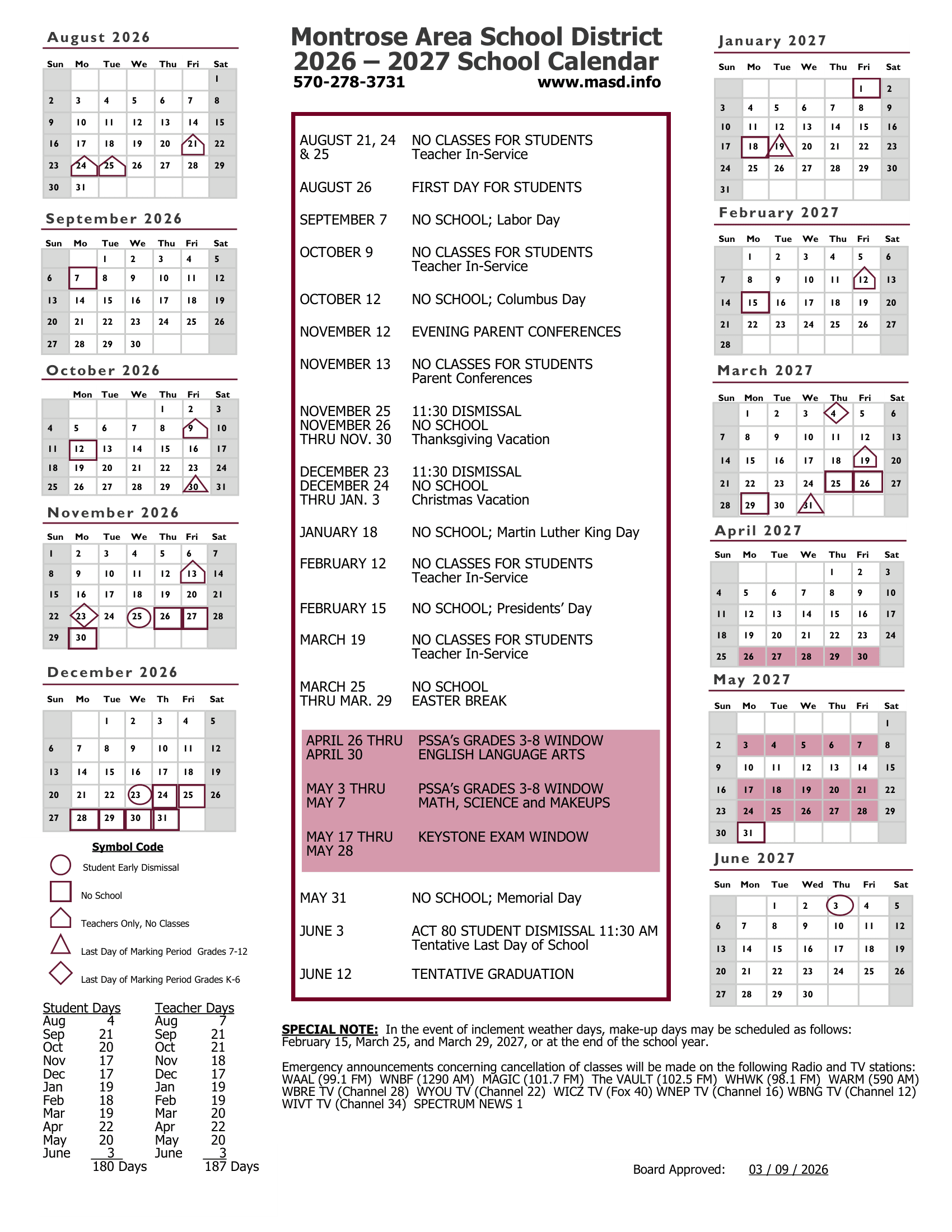 Montrose Area School District Calendar 26-27 pdf
