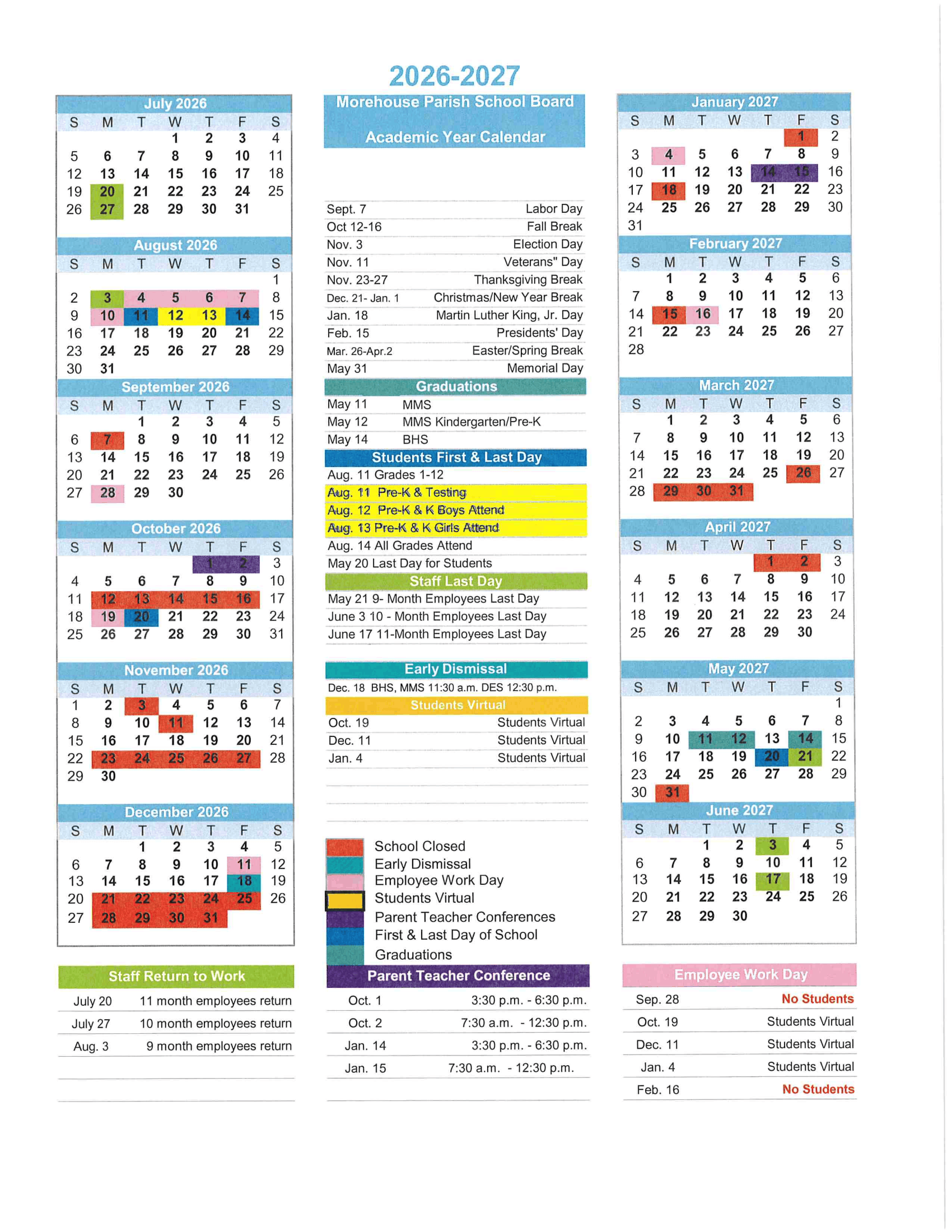 Morehouse Parish School Board Calendar 26-27 pdf