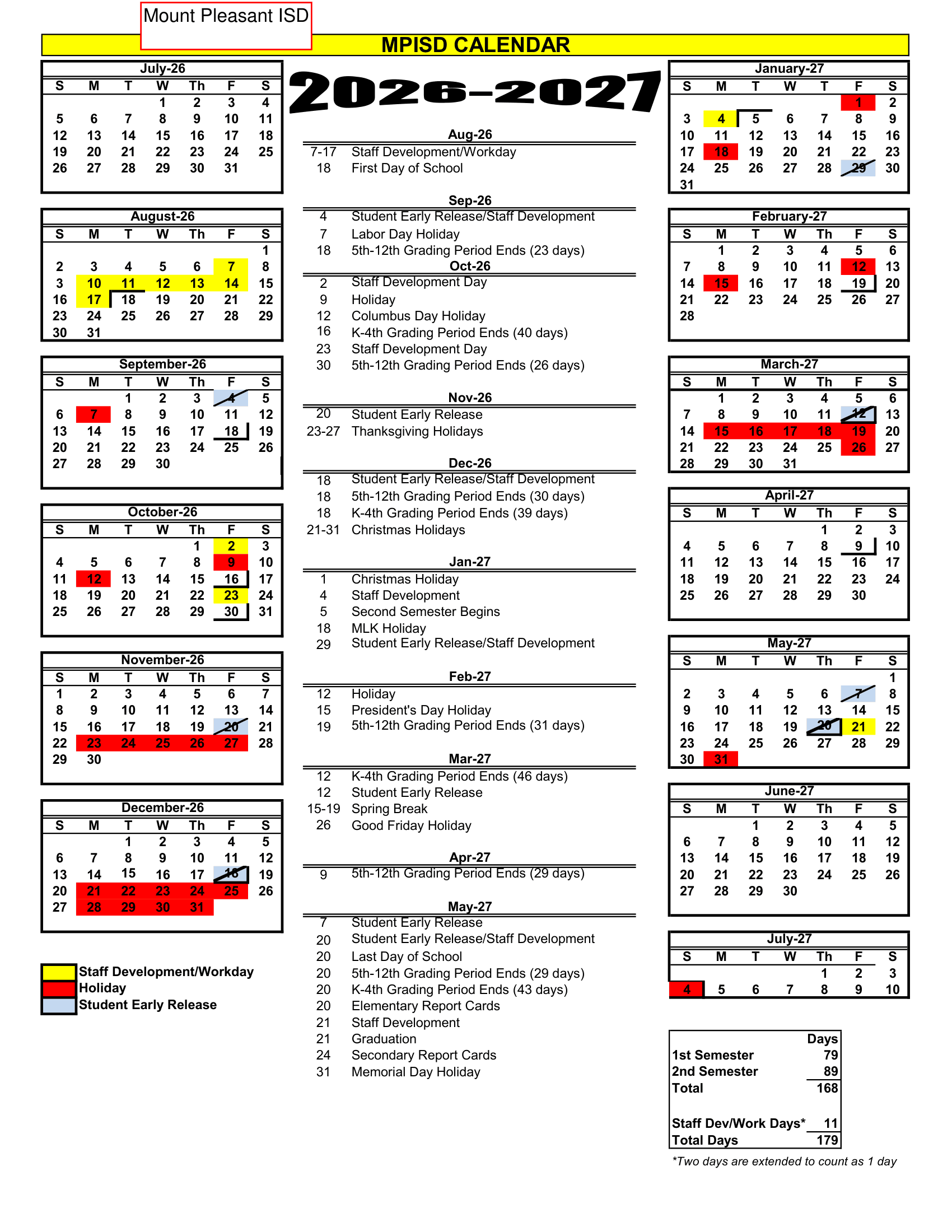 Mount Pleasant ISD Calendar 26-27 pdf