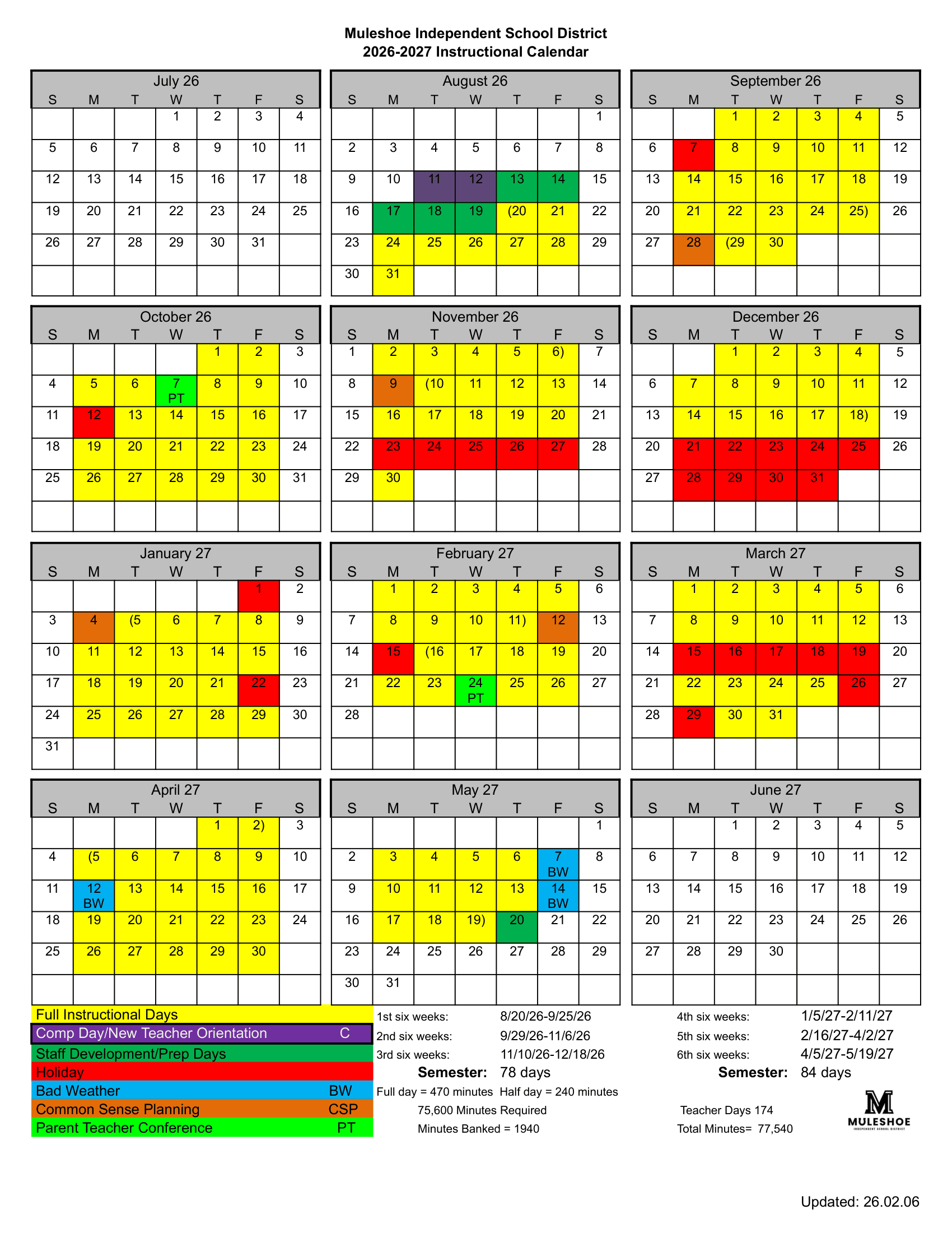 Muleshoe Independent School District Calendar 26-27 pdf