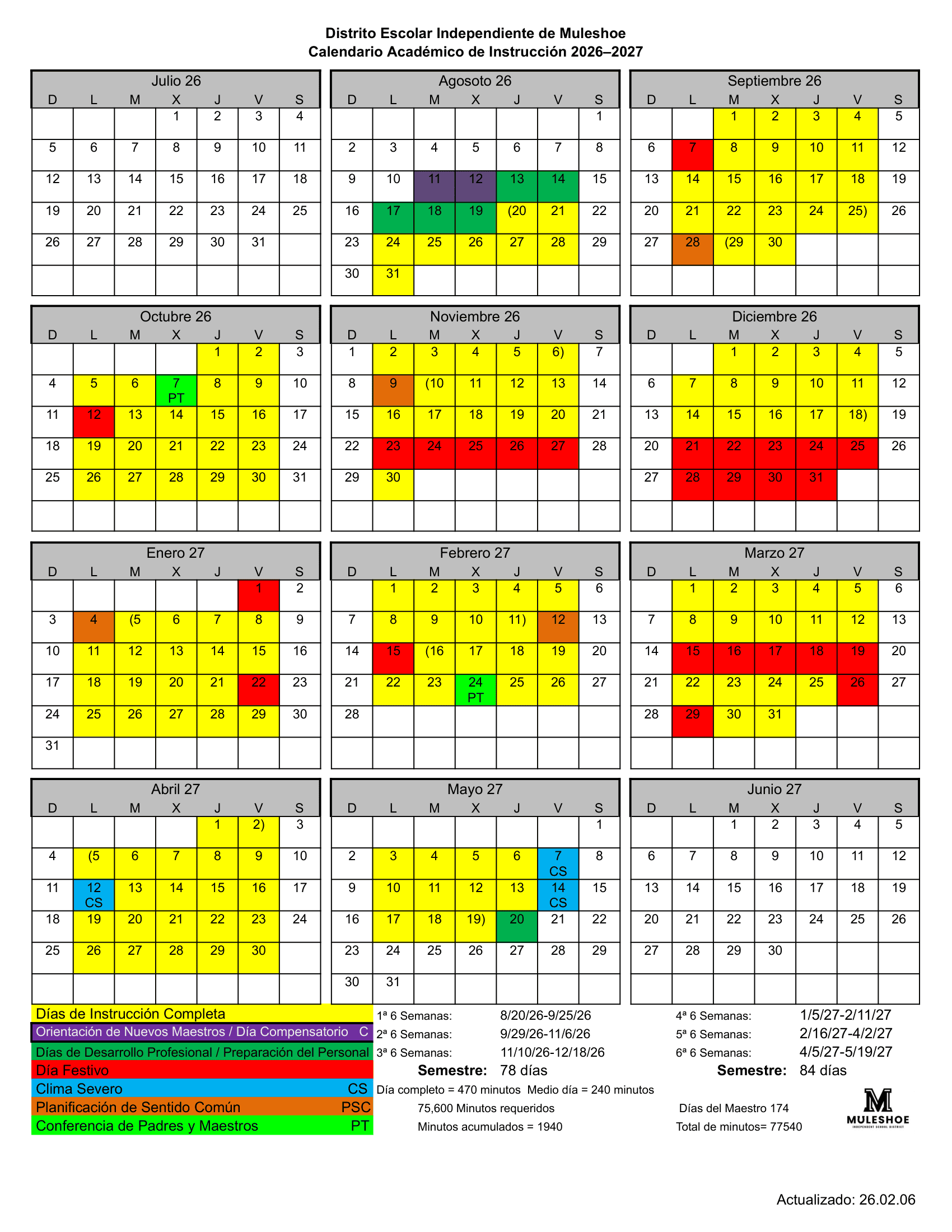 Muleshoe Independent School District Calendar 26-27 pdf