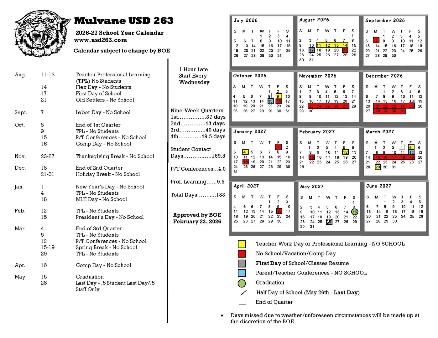 Mulvane USD 263 Calendar 26-27 Revised